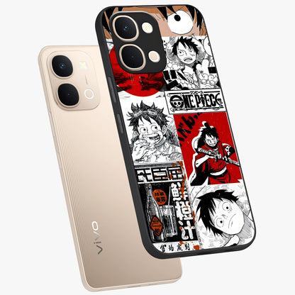 Strawhat Chaos Panels Glass Case displayed in angled mockup highlighting vibrant anime collage design with action aesthetic.
