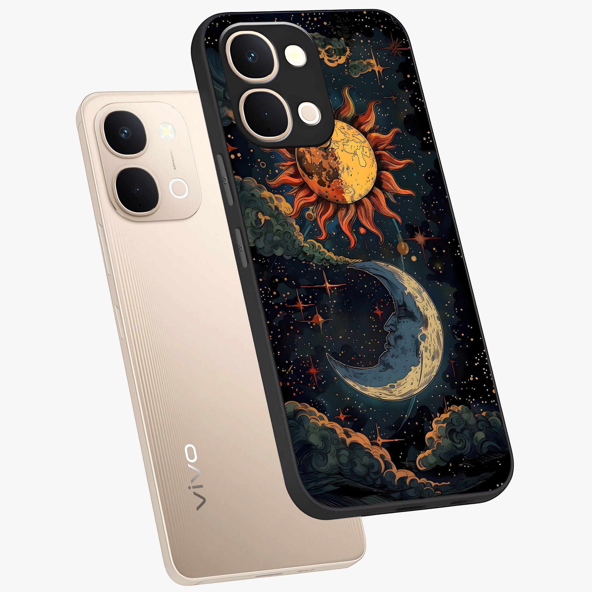 Sun And Moon Magic Design Glass Case displayed in angled mockup highlighting celestial design with magical cosmic aesthetic.