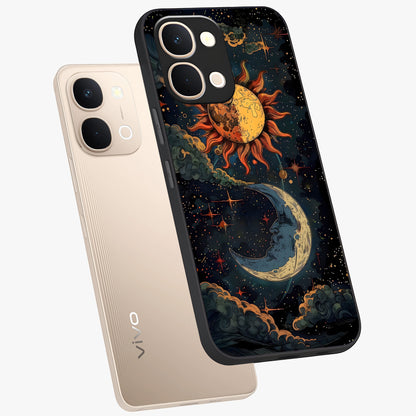 Sun And Moon Magic Design Glass Case displayed in angled mockup highlighting celestial design with magical cosmic aesthetic.