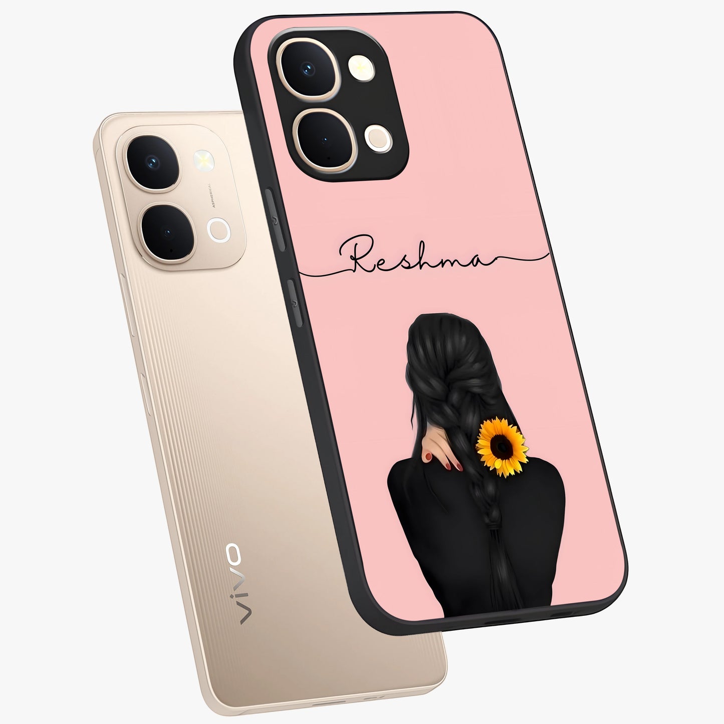 Sunflower Braid Beauty With Custom Name Glass Case displayed in angled mockup highlighting elegant sunflower design with custom name feature.