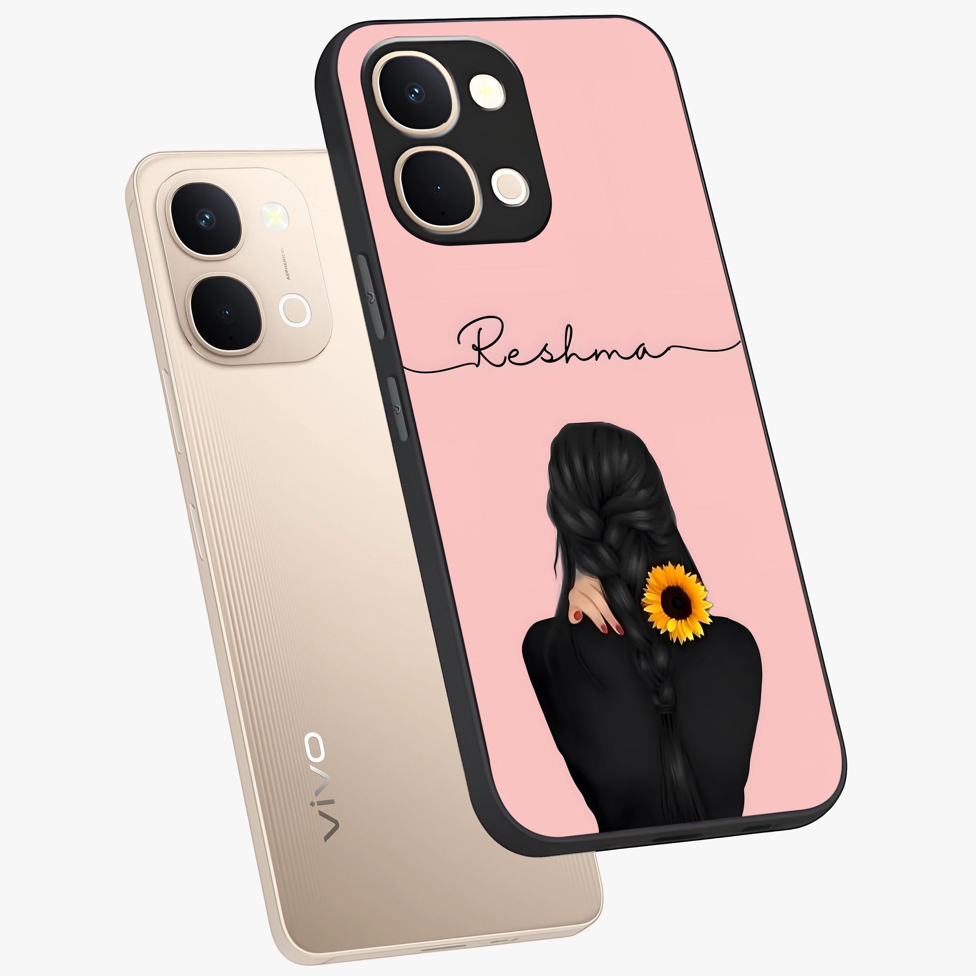 Sunflower Braid Beauty With Custom Name Glass Case displayed in angled mockup highlighting elegant sunflower design with custom name feature.
