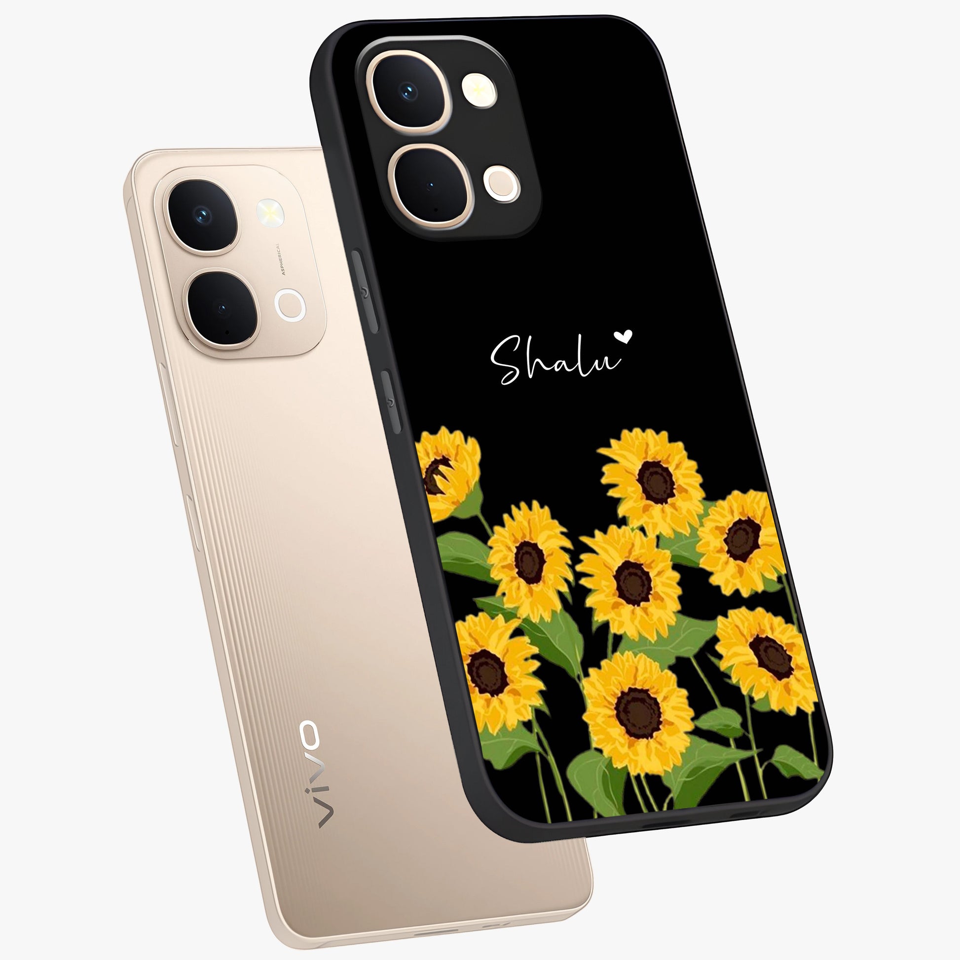 Sunflower Chic Mood Custom Name Glass Case displayed in angled mockup highlighting vibrant sunflower design with custom name feature.