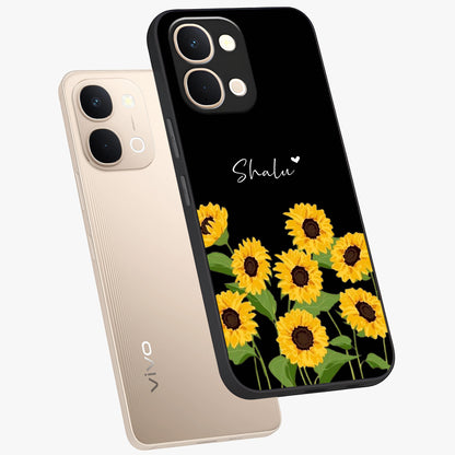 Sunflower Chic Mood Custom Name Glass Case displayed in angled mockup highlighting vibrant sunflower design with custom name feature.
