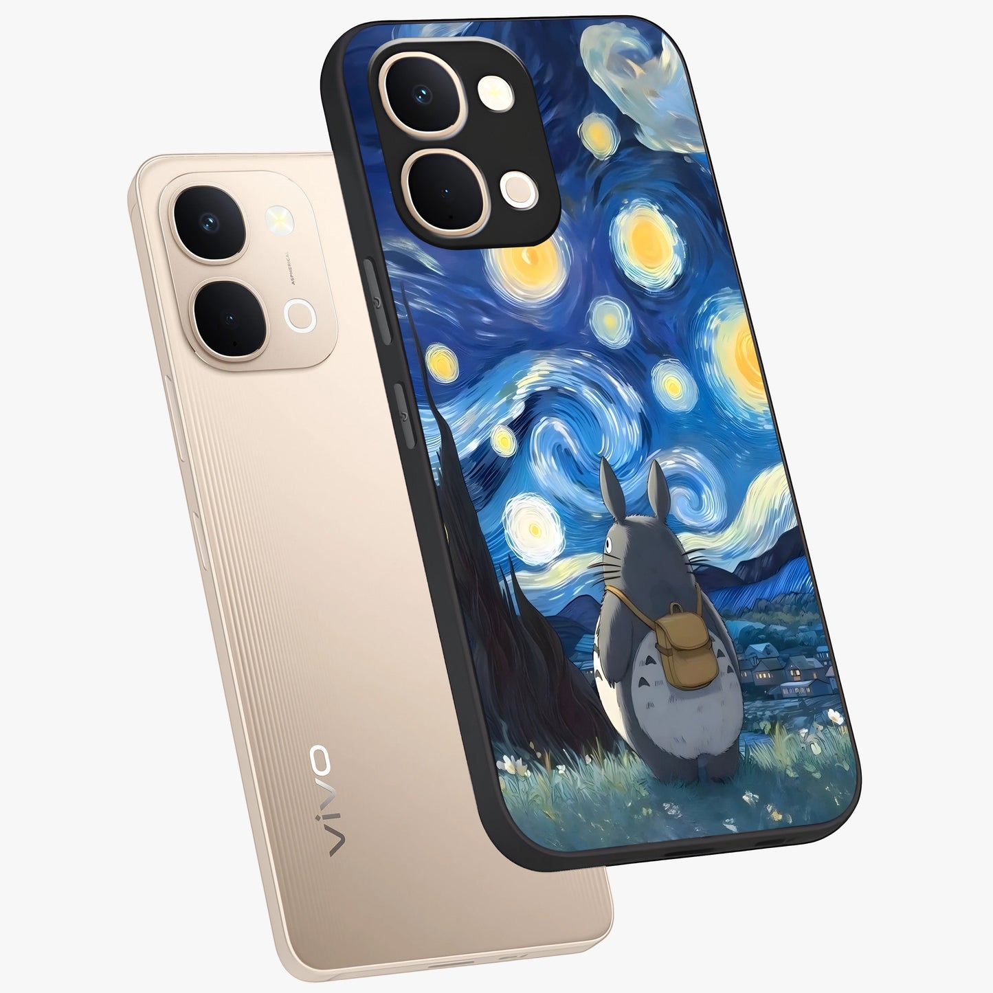 Totoro In Van Gogh Art Glass Case displayed in angled mockup highlighting artistic swirling sky design with playful animation aesthetic.