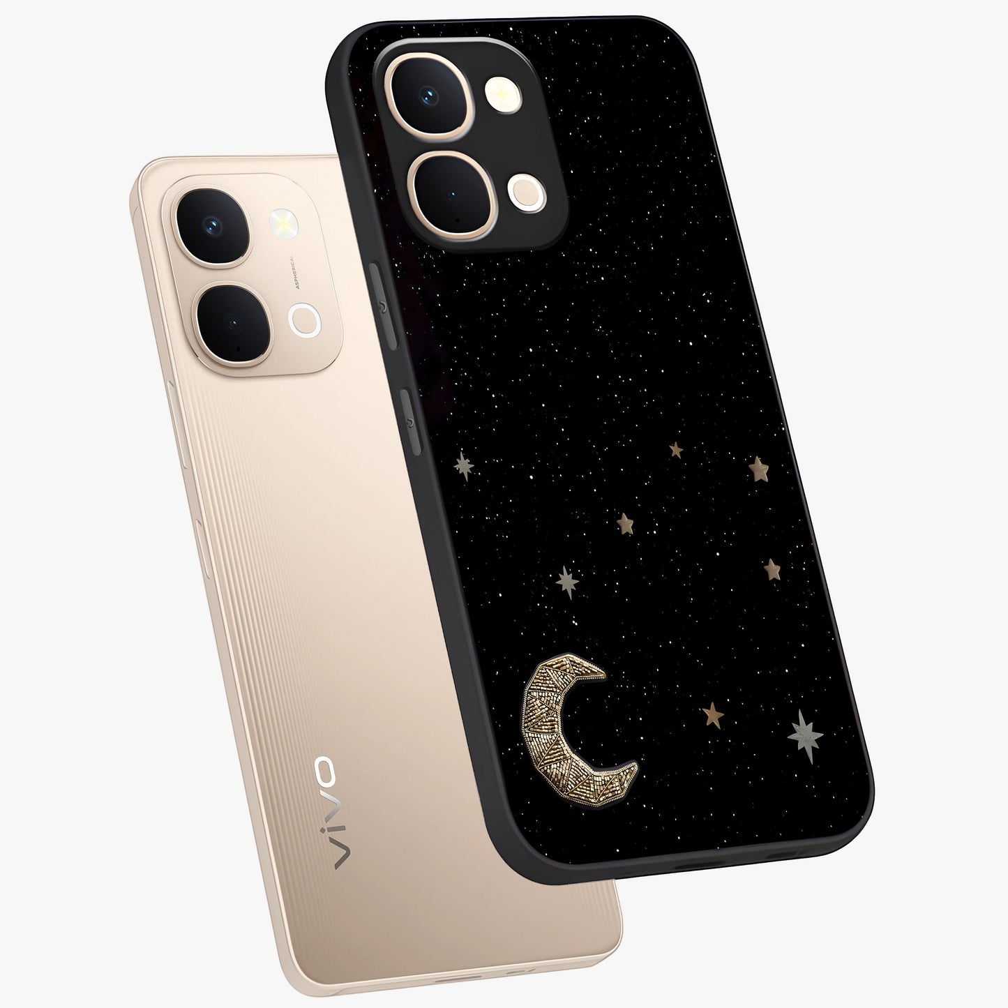 Twinkle Star With Half Moon Glass Case displayed in angled mockup highlighting celestial moon and star design with magical aesthetic.