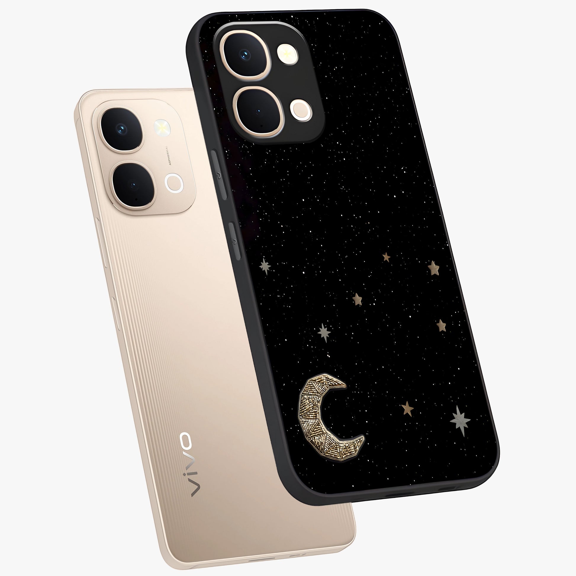 Twinkle Star With Half Moon Glass Case displayed in angled mockup highlighting celestial moon and star design with magical aesthetic.