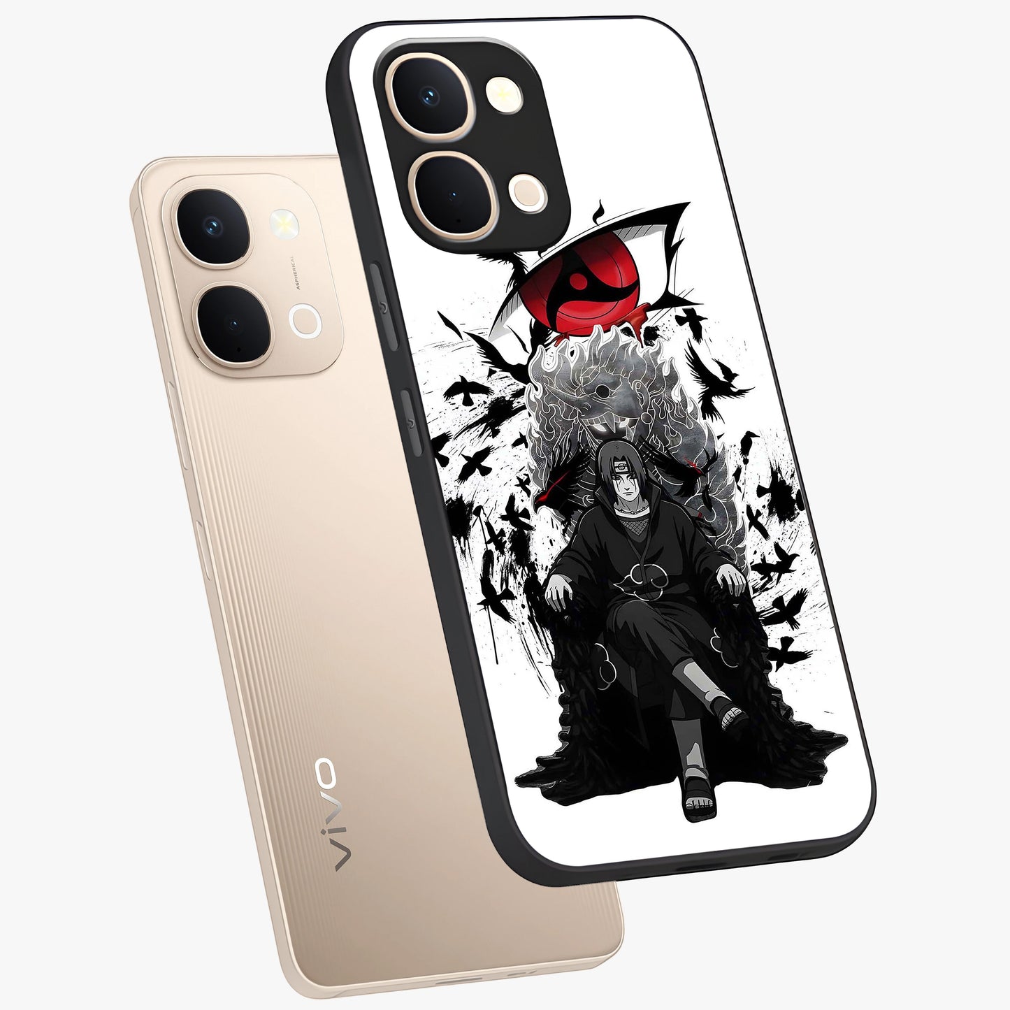 Uchiha Shadow Throne Glass Case displayed in angled mockup highlighting glowing aquatic design with celestial aesthetic.