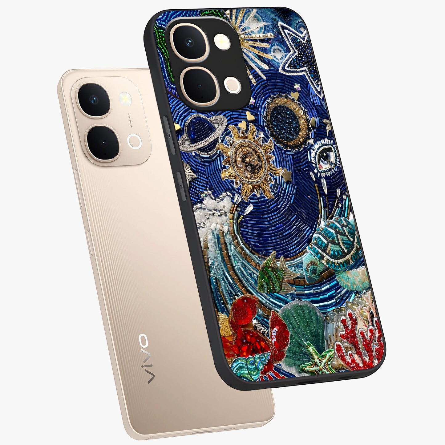 Universe Underwater Spark Glass Case displayed in angled mockup highlighting glowing aquatic design with celestial aesthetic.