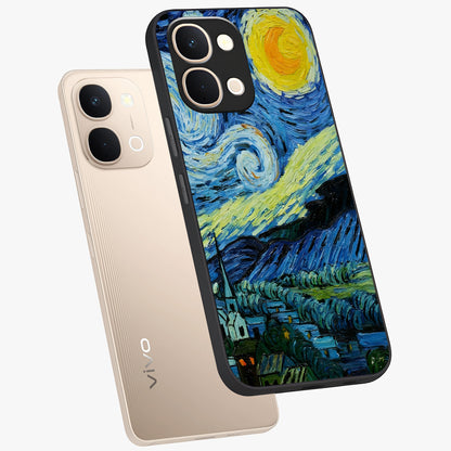 Van Gogh Art Glass Case displayed in angled mockup highlighting swirling brushstroke design with artistic aesthetic.