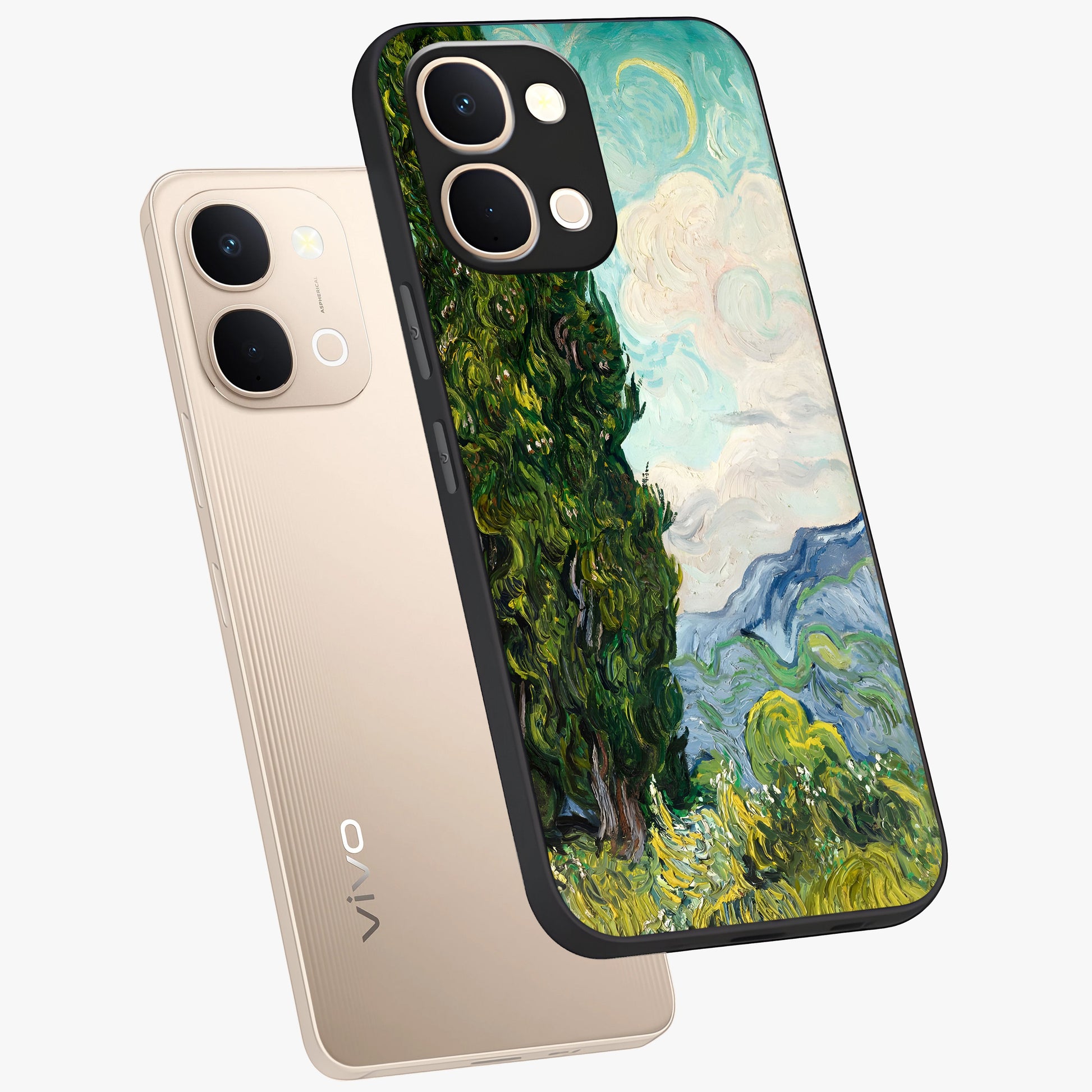 Van Gogh Vintage Art Glass Case displayed in angled mockup highlighting textured brushstroke design with classic aesthetic.