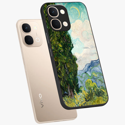 Van Gogh Vintage Art Glass Case displayed in angled mockup highlighting textured brushstroke design with classic aesthetic.
