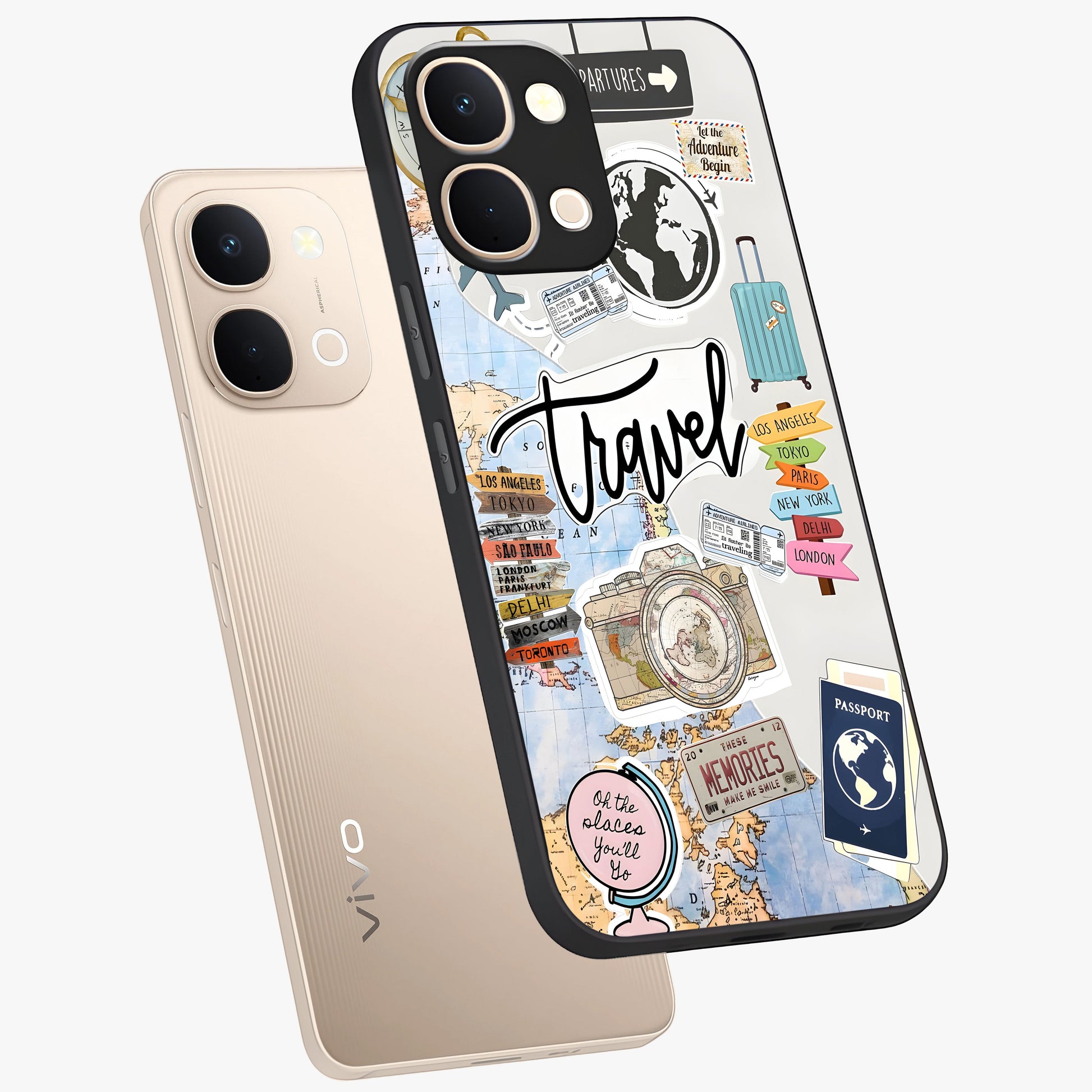 Wanderlust Journal Glass Case displayed in angled mockup highlighting adventure themed design with aesthetic travel vibe.