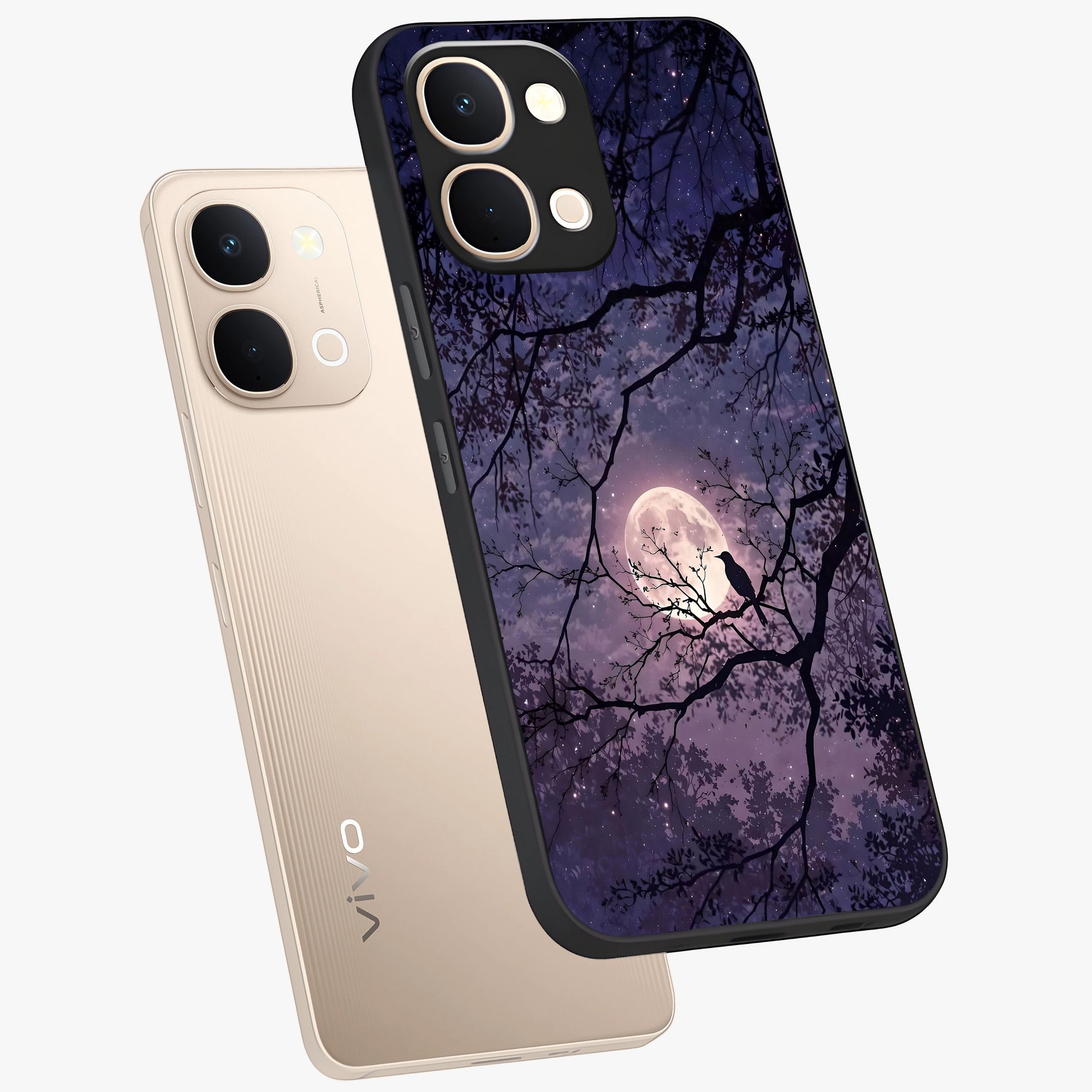 Whispering Moon Silence Glass Case displayed in angled mockup highlighting calm lunar design with dreamy night aesthetic.