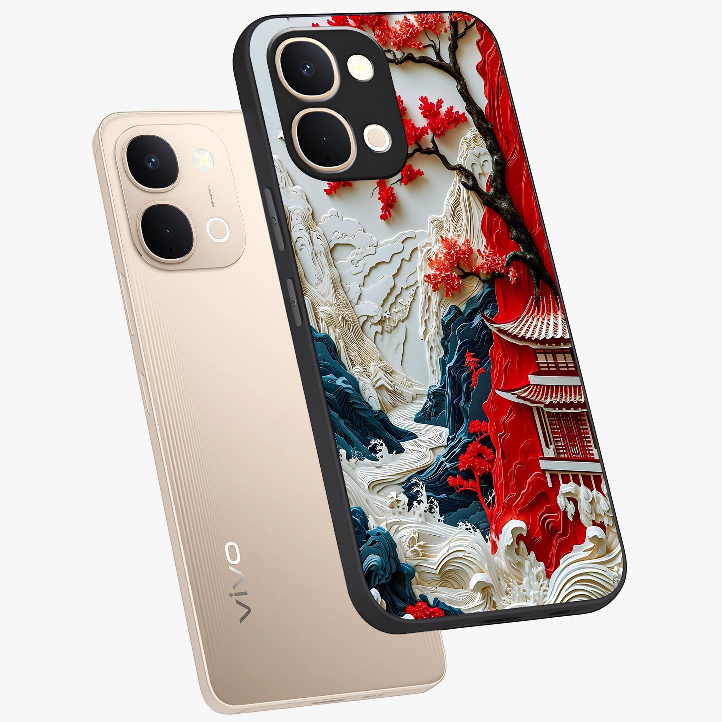 Whispers Of Sakura Waves Glass Case displayed in angled mockup highlighting flowing sakura design with soft floral aesthetic.