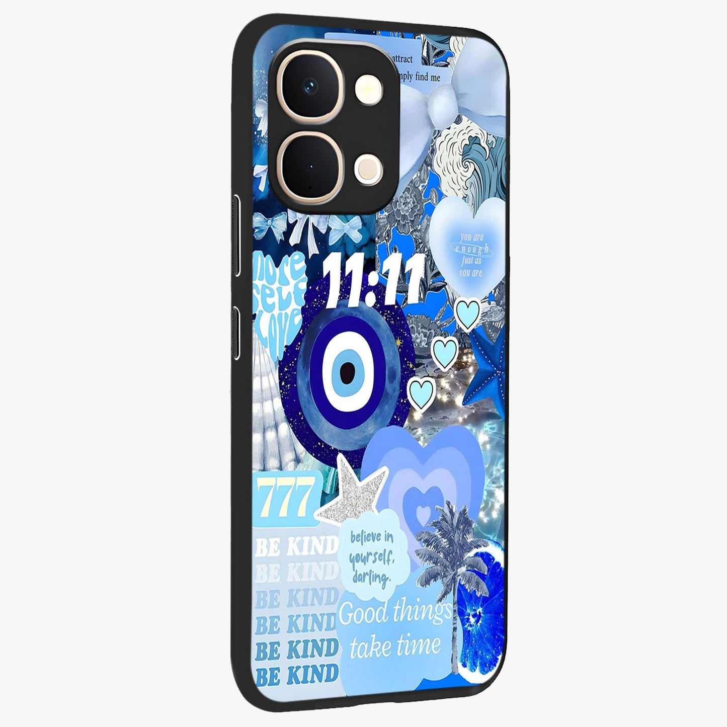 Aesthetic Be Kind Eye Glass Case upright view showcasing stylish eye illustration with positive message theme.