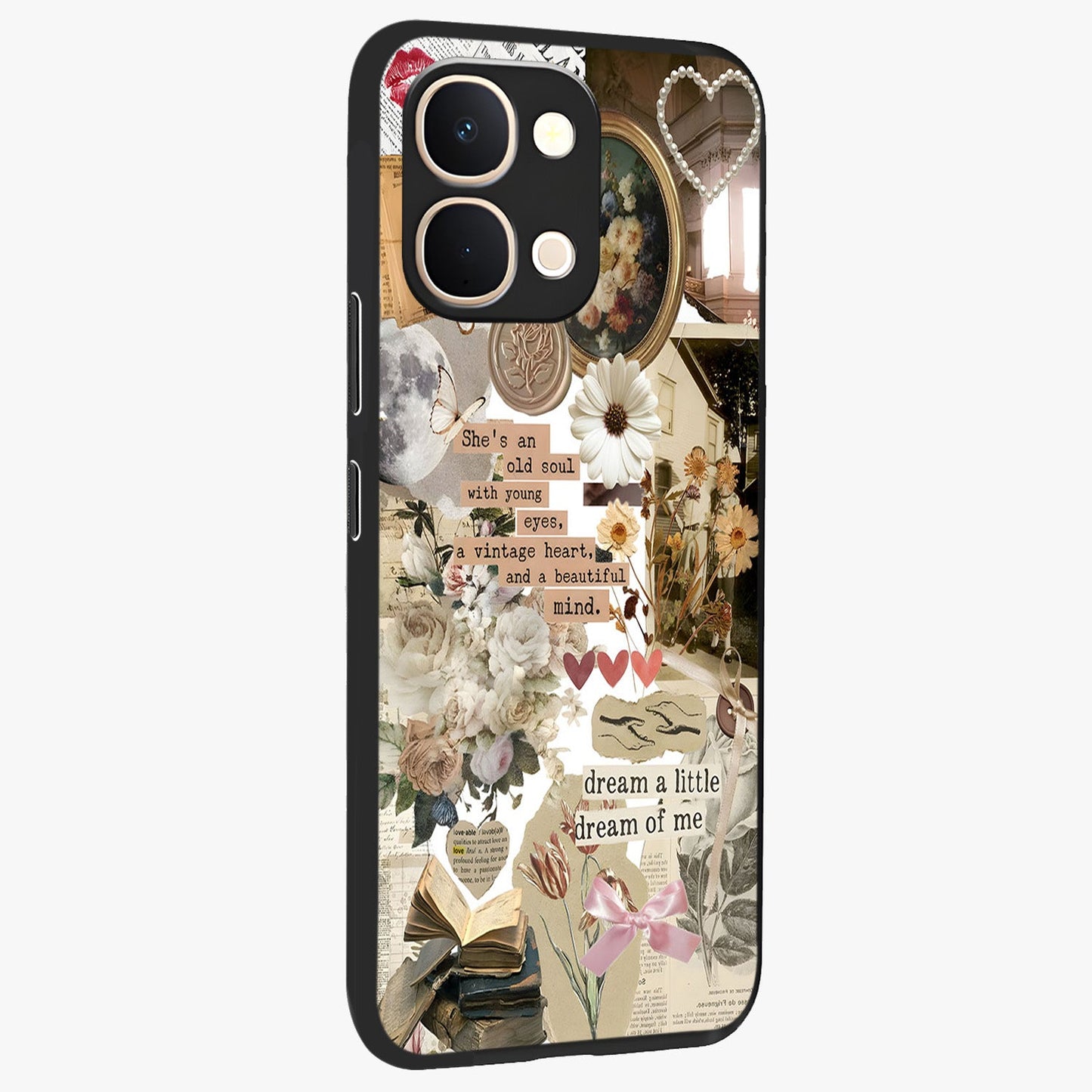Aesthetic Brown Vintage Collage Glass Case upright view showcasing nostalgic retro artwork with stylish vintage theme.