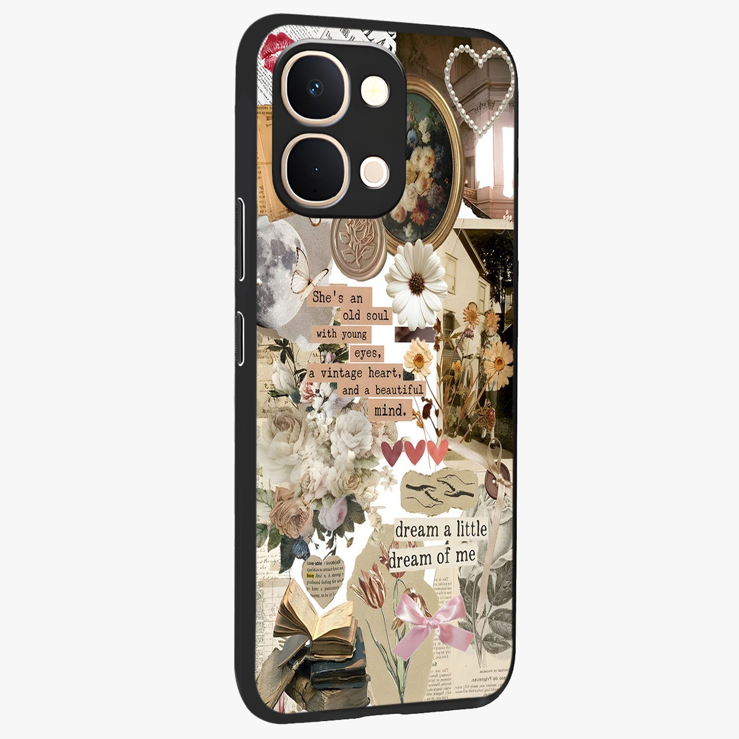 Aesthetic Brown Vintage Collage Glass Case upright view showcasing nostalgic retro artwork with stylish vintage theme.