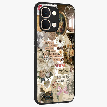 Aesthetic Brown Vintage Collage Glass Case upright view showcasing nostalgic retro artwork with stylish vintage theme.