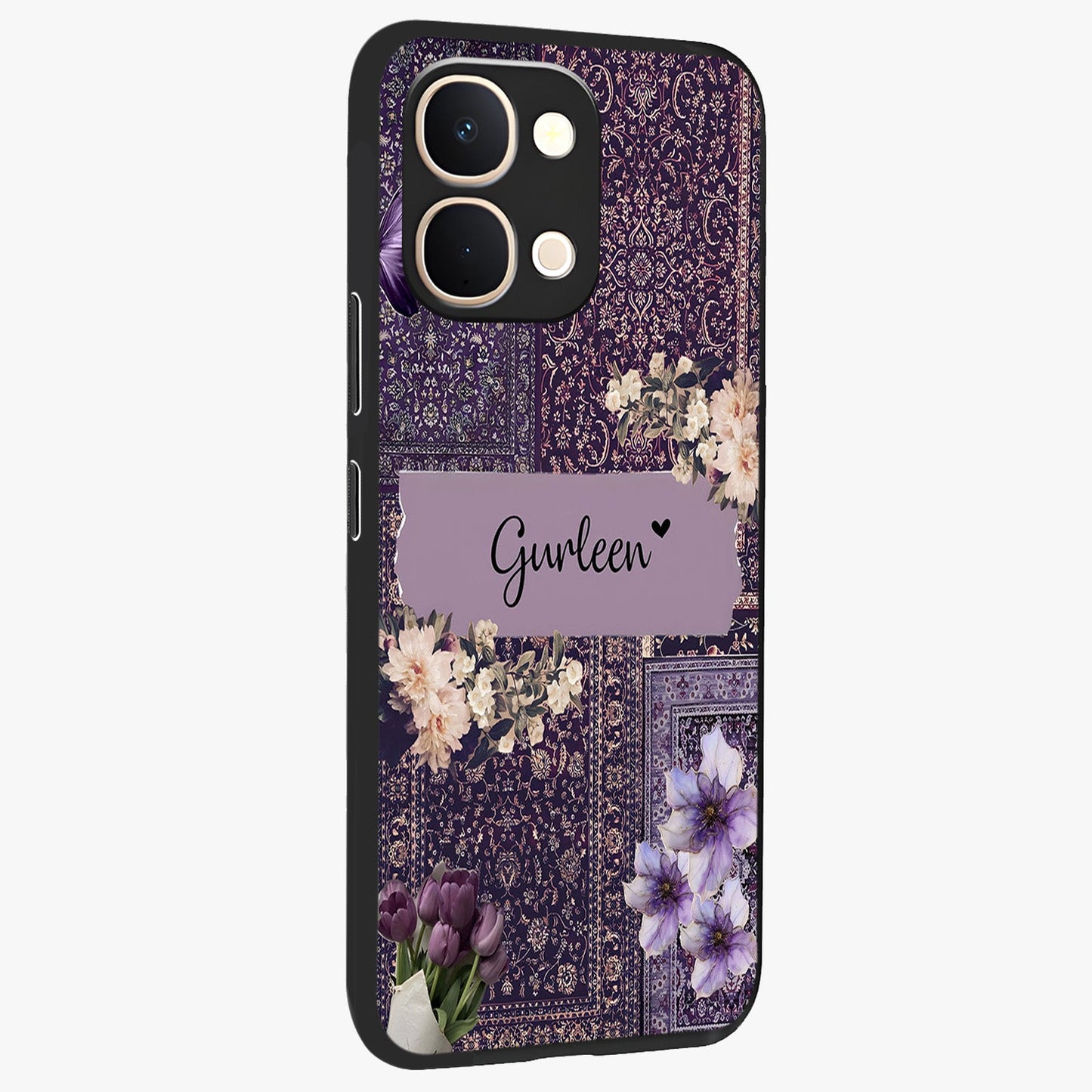 Antique Floral Whisper Custom Name Glass Case upright view showcasing delicate floral artwork with custom name feature.