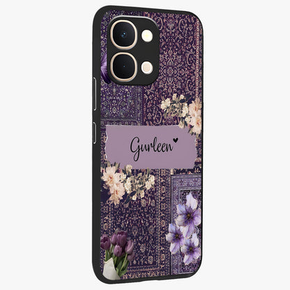 Antique Floral Whisper Custom Name Glass Case upright view showcasing delicate floral artwork with custom name feature.