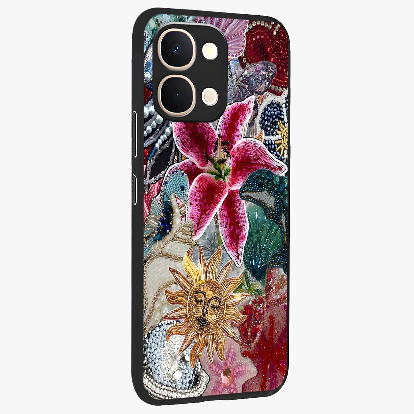 Beaded Garden Fantasy Glass Case upright view showcasing whimsical garden aesthetic with artistic bead details.