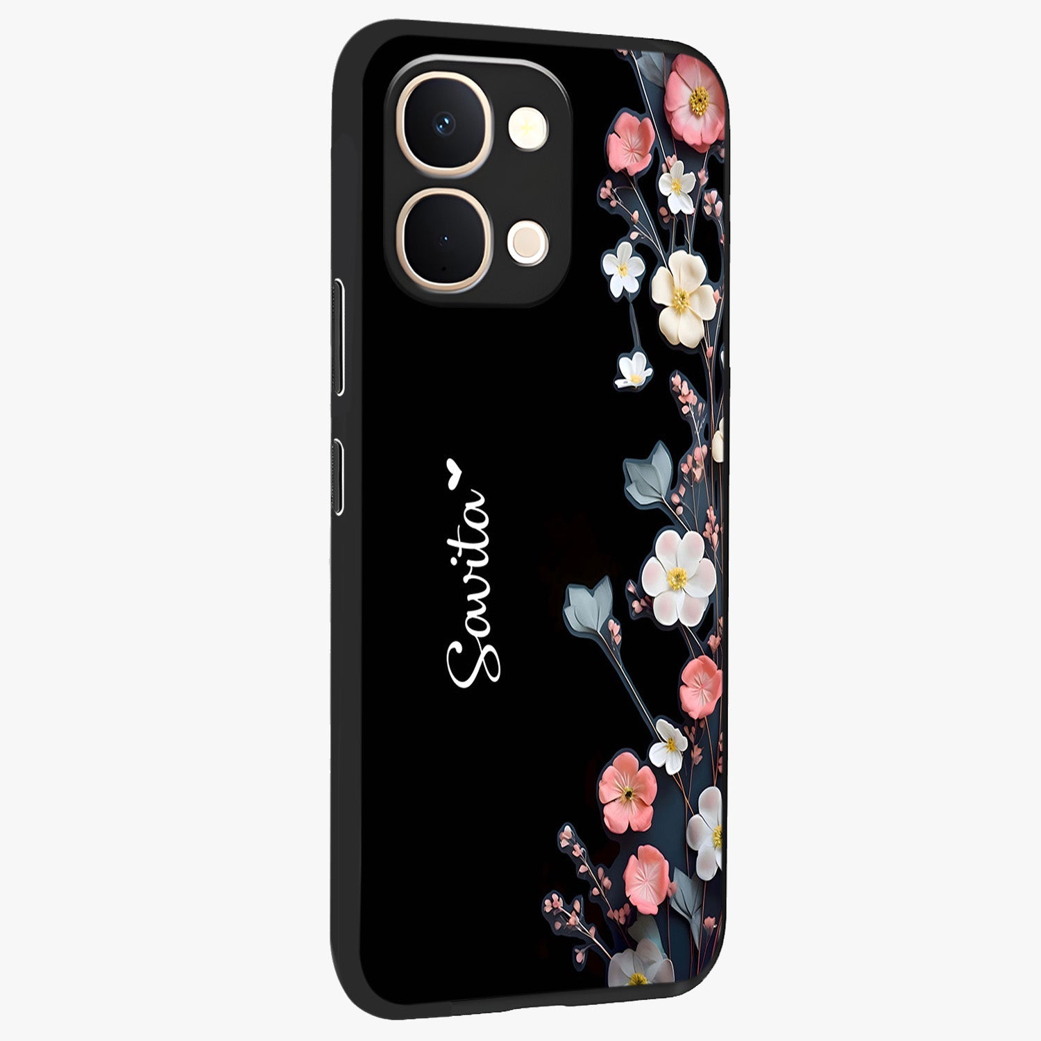 Black Elegance Floral Custom Name Glass Case upright view showcasing luxurious black floral design with personalized name detail.