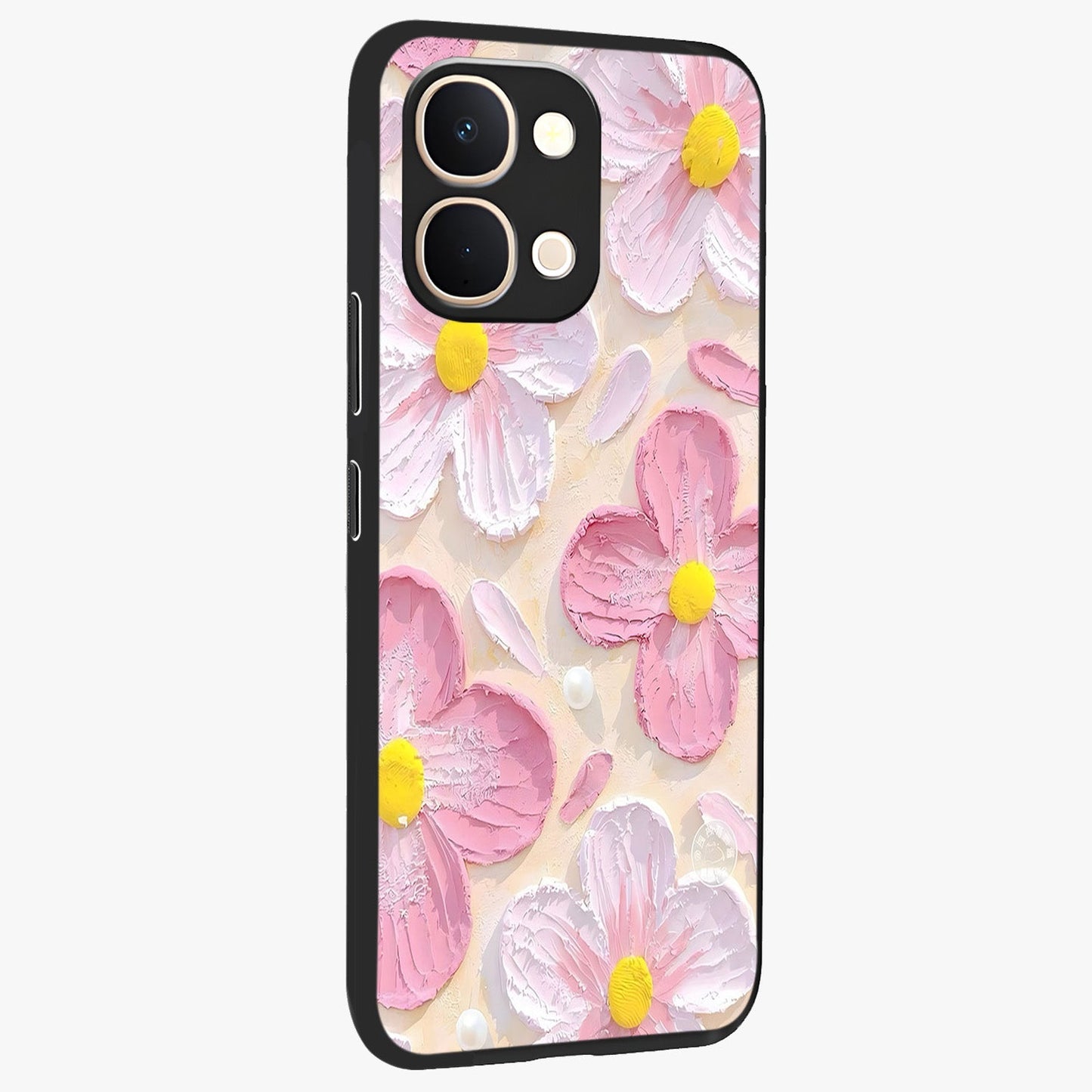 Blush Bloom Texture Glass Case upright view showcasing delicate blush floral texture with modern minimal style.