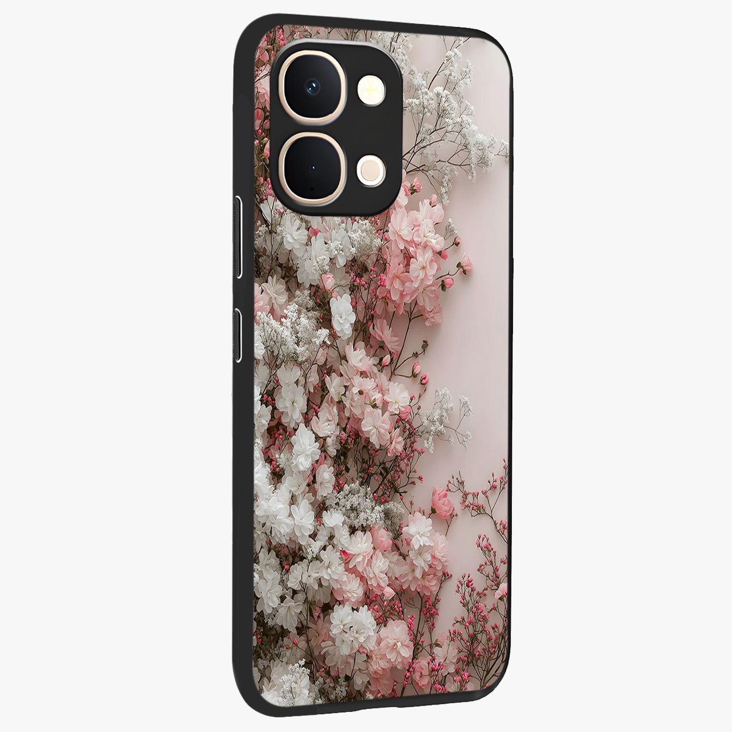 Blush Blossom Cloud Glass Case upright view showcasing calm floral cloud artwork with gentle dreamy theme.