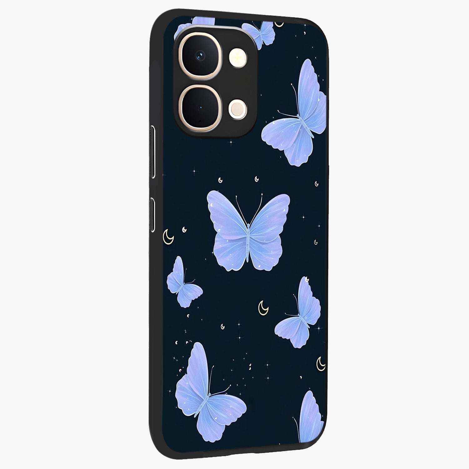 Butterfly With Stars Pattern Glass Case upright view showcasing celestial butterfly artwork with sparkling star elements.
