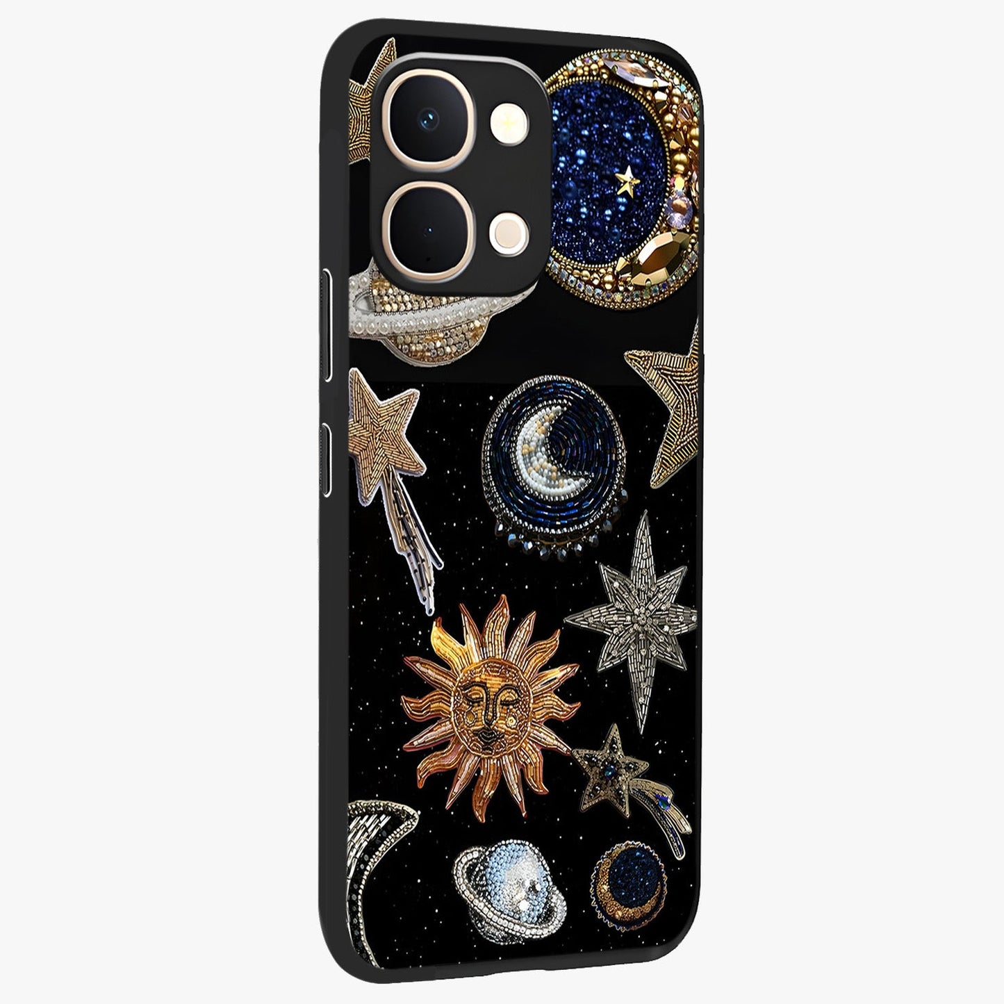 Celestial Gem Constellations Glass Case upright view showcasing cosmic constellation artwork with celestial aesthetic style.