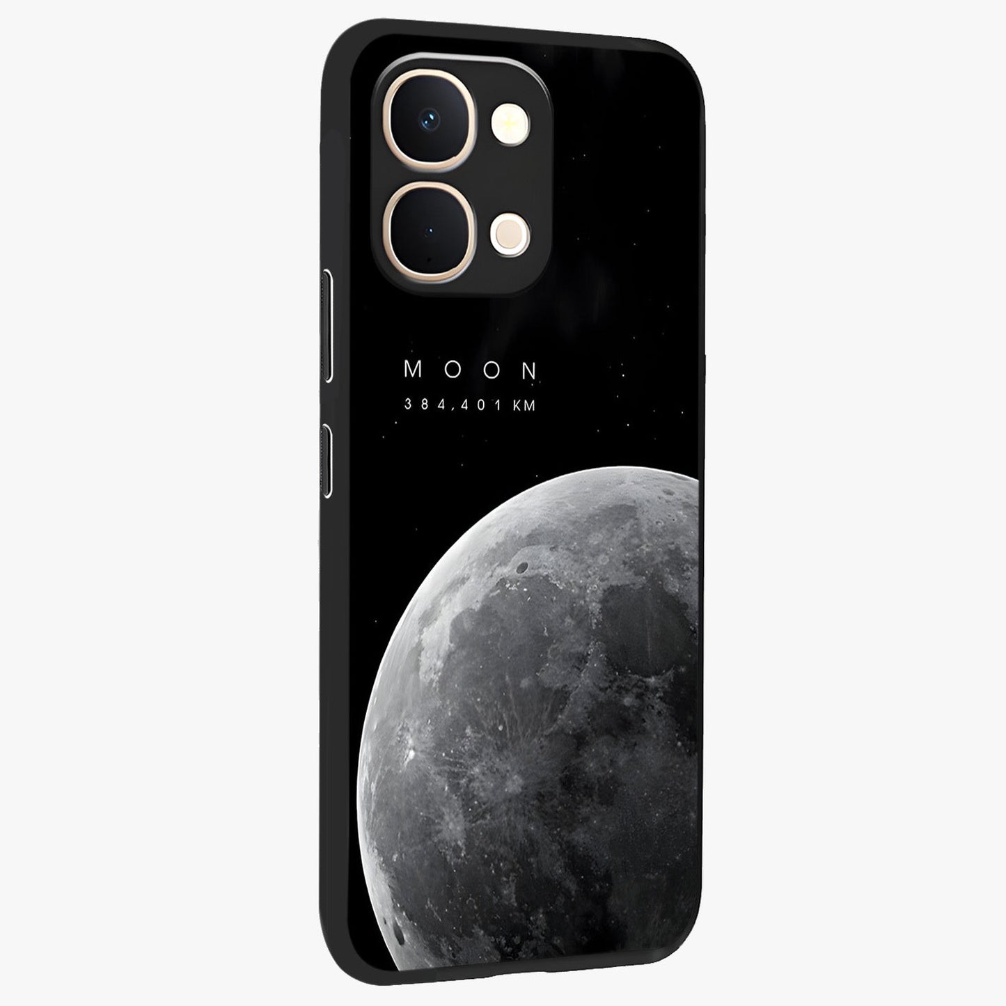 Cosmic Moon Glow Glass Case upright view showcasing luminous moon illustration with dreamy cosmic style.