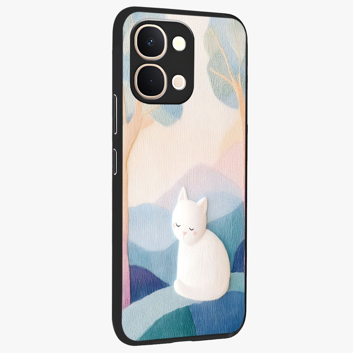 Cotton Dream Cat Glass Case upright view showcasing charming cat artwork with cozy dreamy theme.