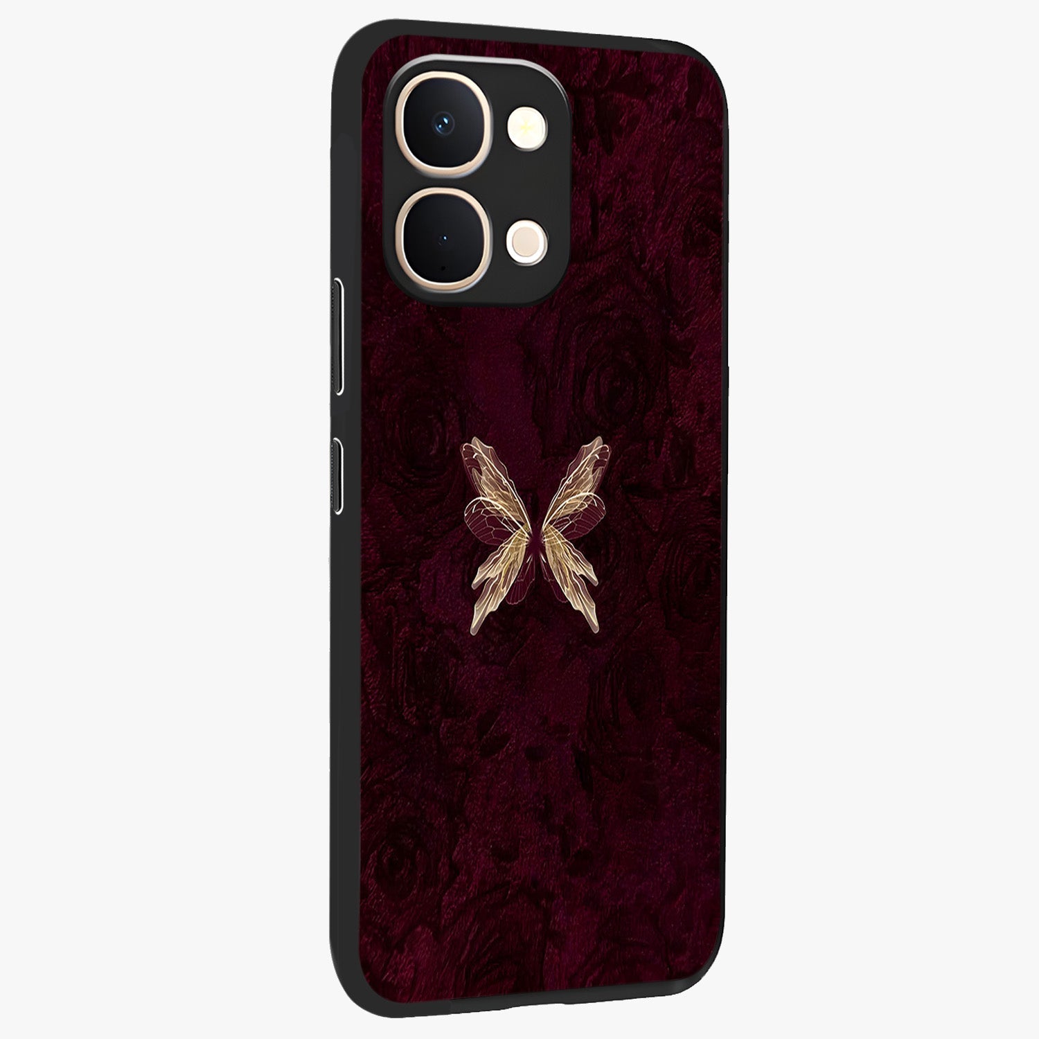 Crimson Fade Butterfly Glass Case upright view showcasing graceful butterfly artwork with soft crimson fade effect.