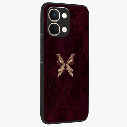 Crimson Fade Butterfly Glass Case upright view showcasing graceful butterfly artwork with soft crimson fade effect.