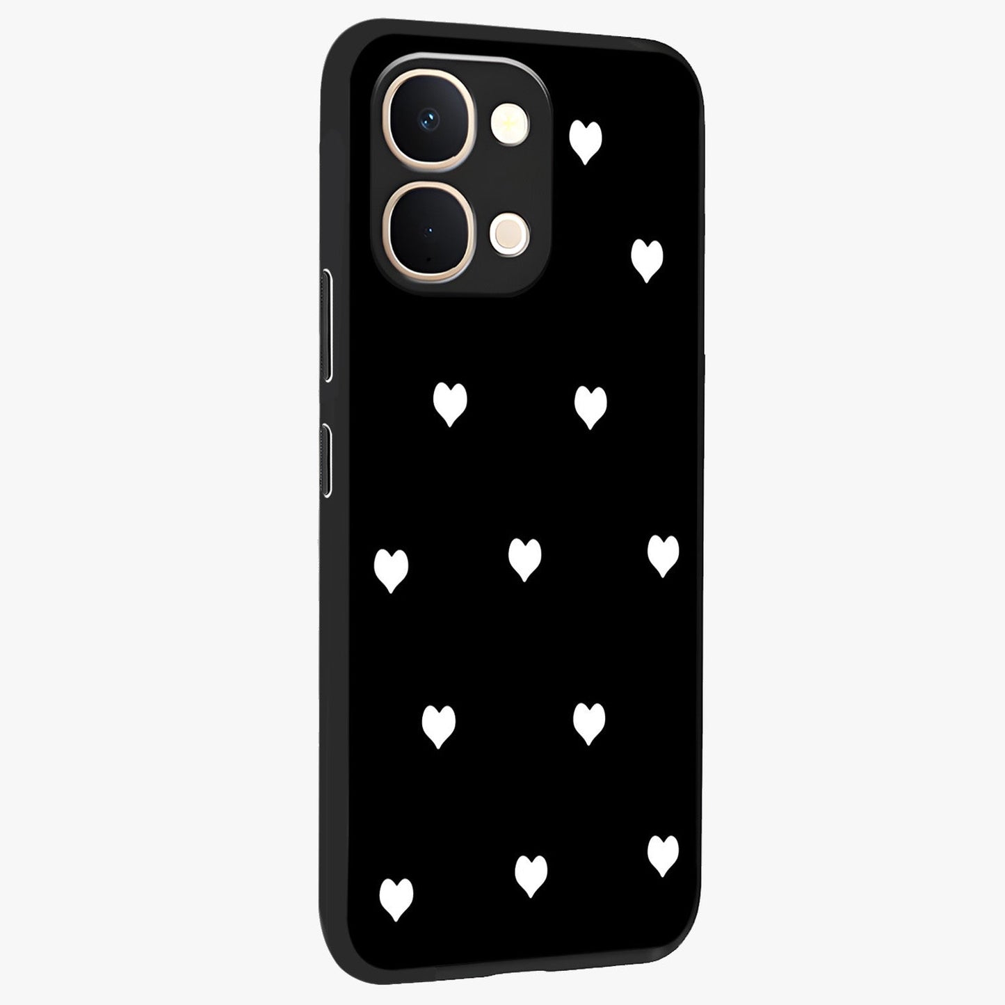 Cute And Simple White Hearts Glass Case upright view showcasing simple white hearts artwork with soft minimal theme.