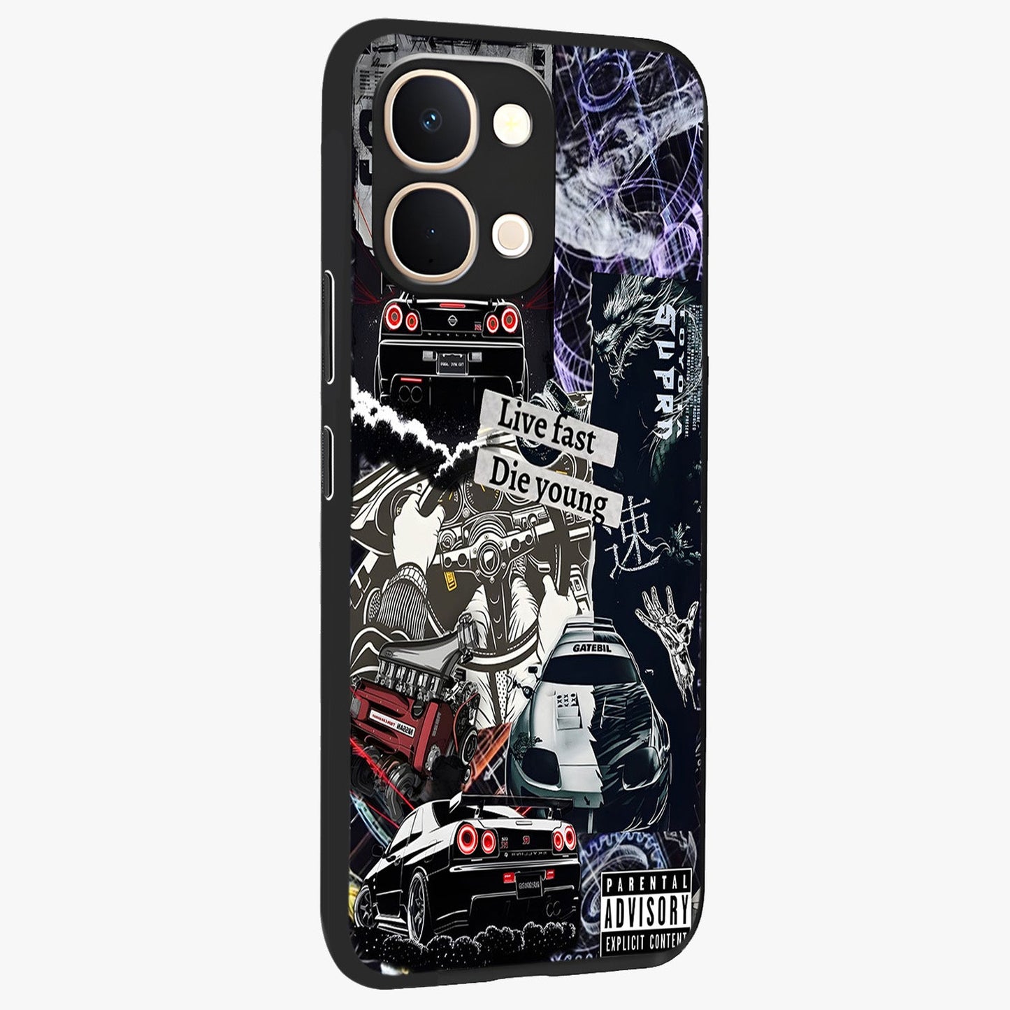 Die Young Glass Case upright view showcasing striking typography artwork with modern statement theme.