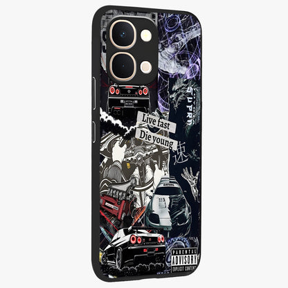 Die Young Glass Case upright view showcasing striking typography artwork with modern statement theme.