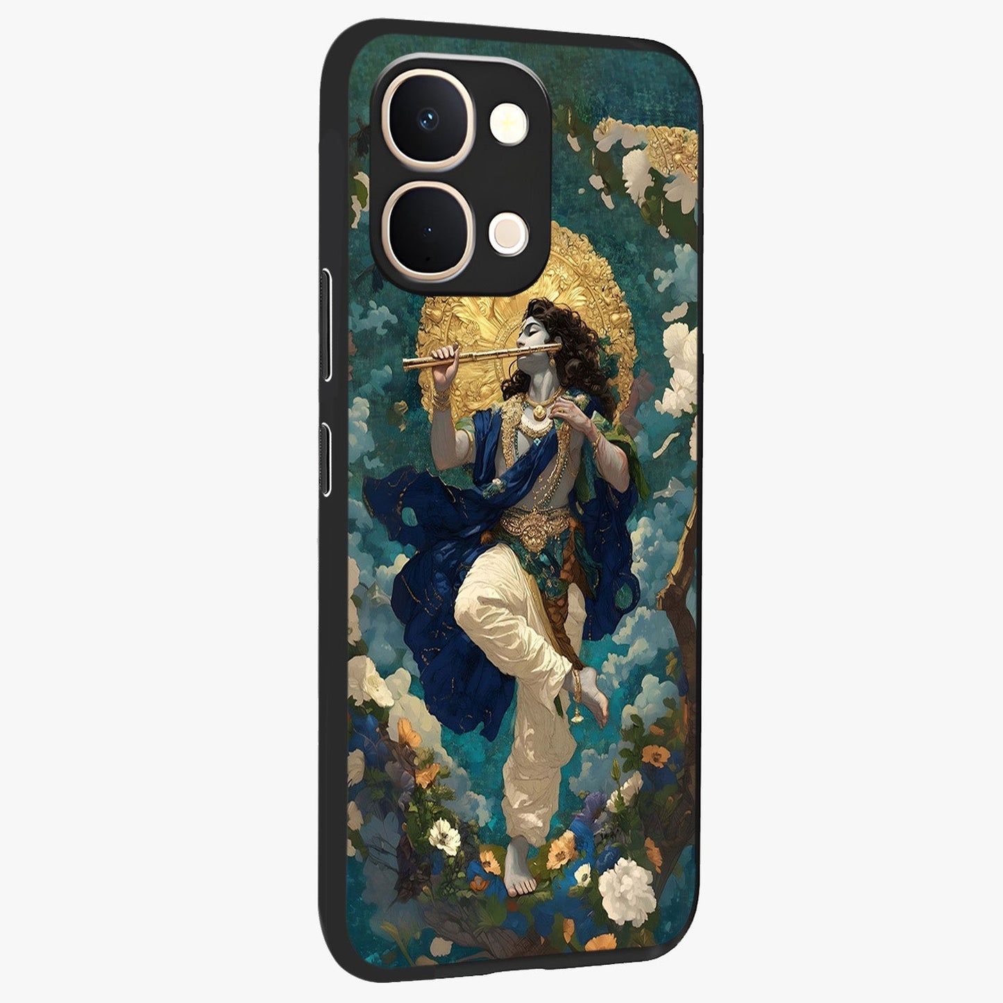 Divine Krishna Art Glass Case upright view showcasing divine Krishna artwork with sacred artistic theme.