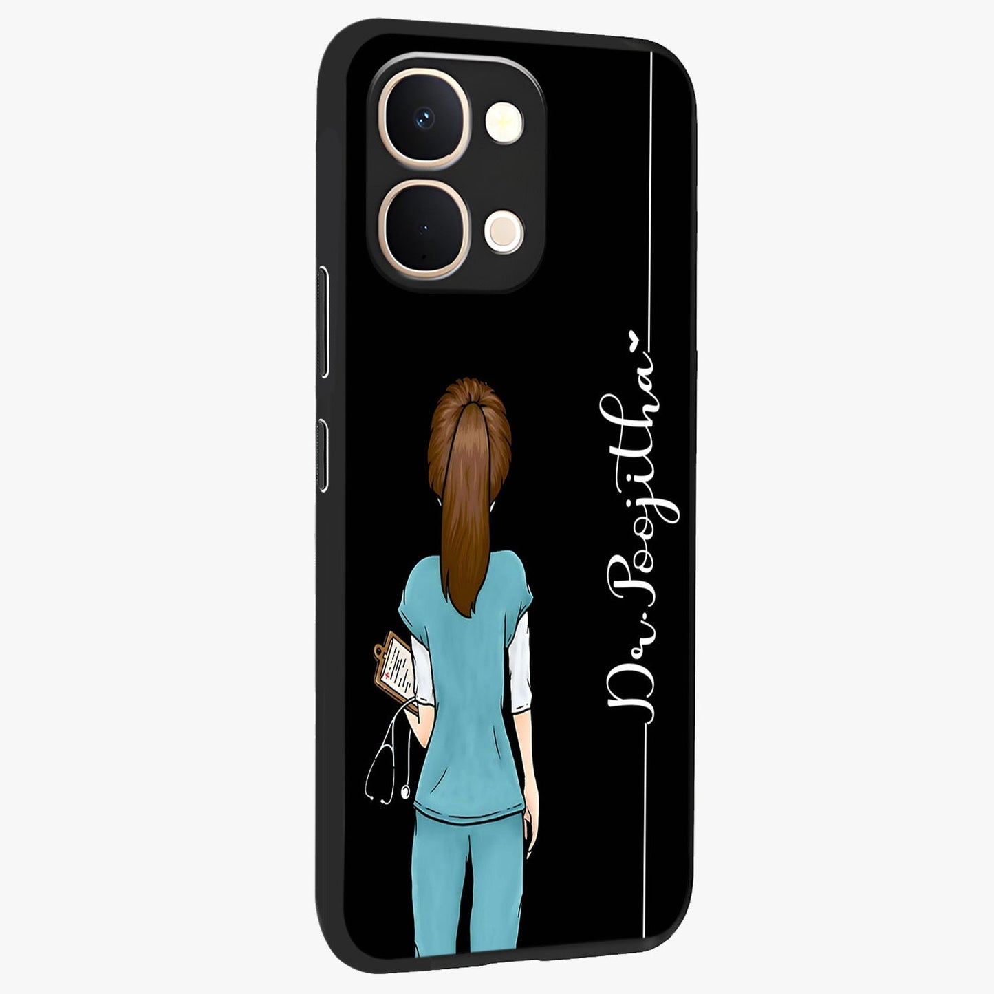 Doctor Pattern Custom Name Glass Case upright view showcasing healthcare themed design with personalized aesthetic.