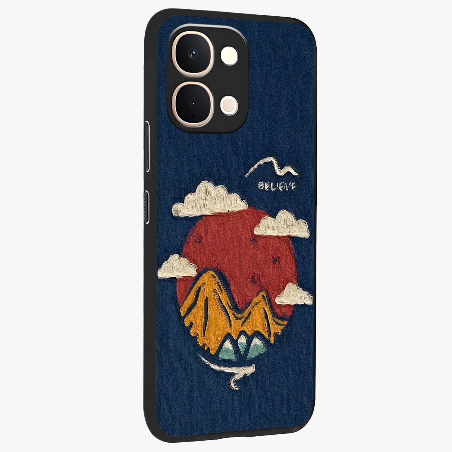 Dream Beyond Mountains Glass Case upright view showcasing beautiful mountain scenery with inspirational nature theme.