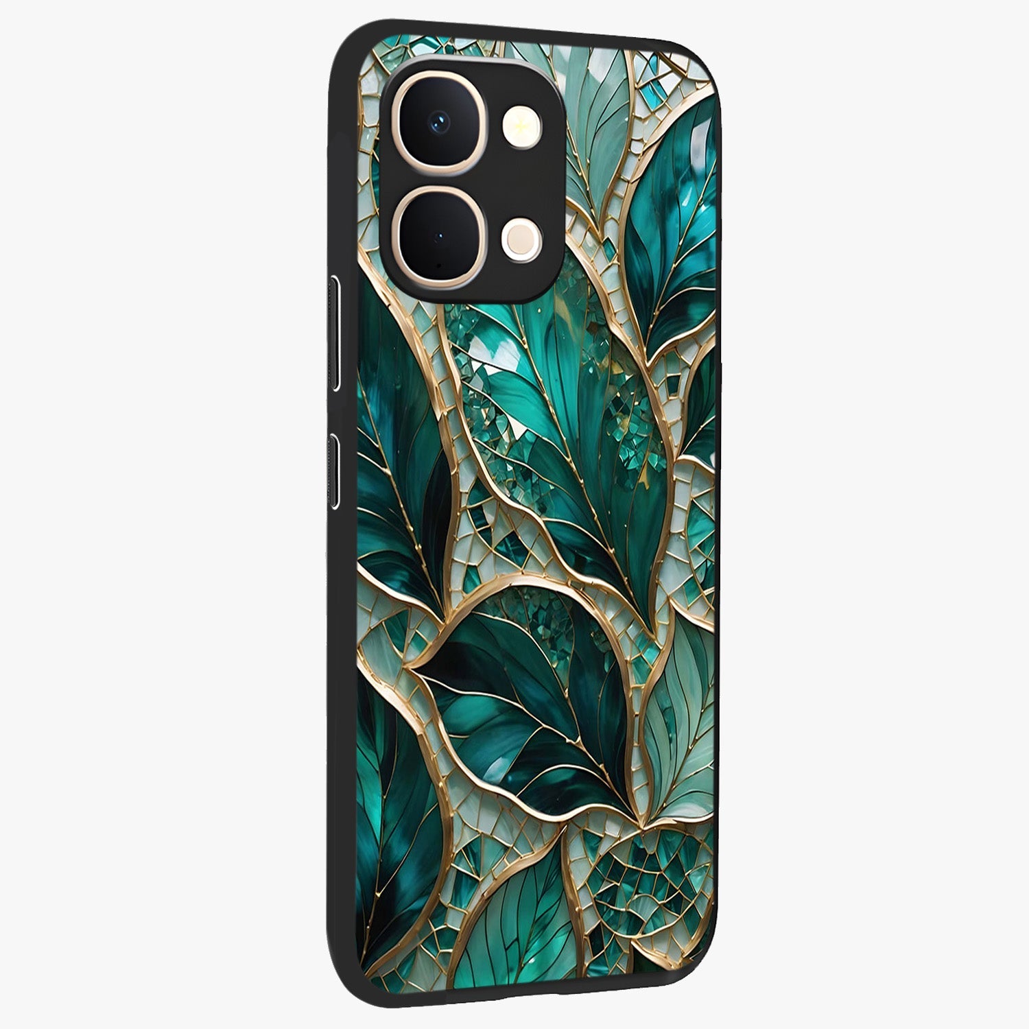 Emerald Leaf Glass Glass Case upright view showcasing fresh green leaf artwork with calming nature inspired style.