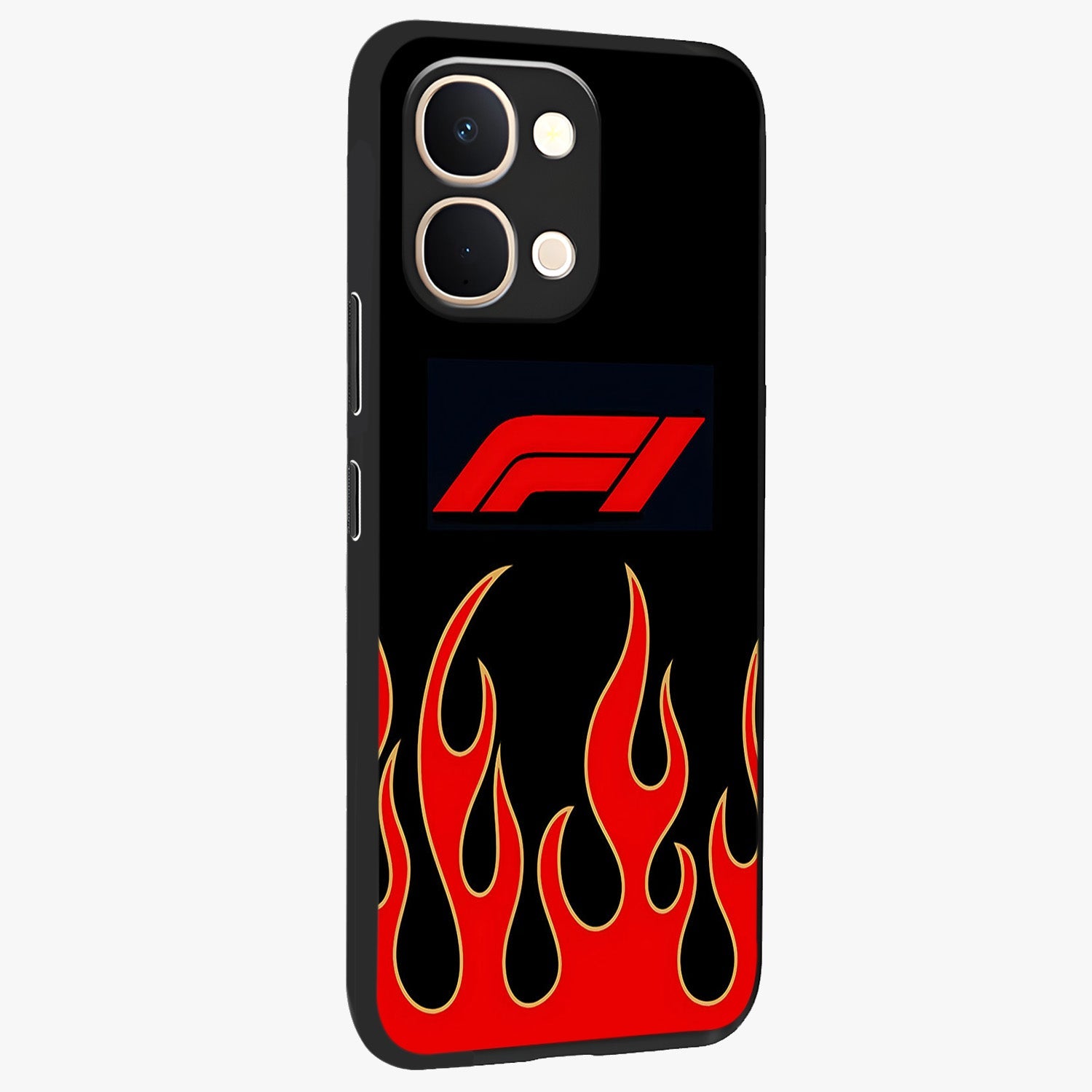 Fire F11 Glass Case upright view showcasing dynamic flame artwork with intense visual theme.