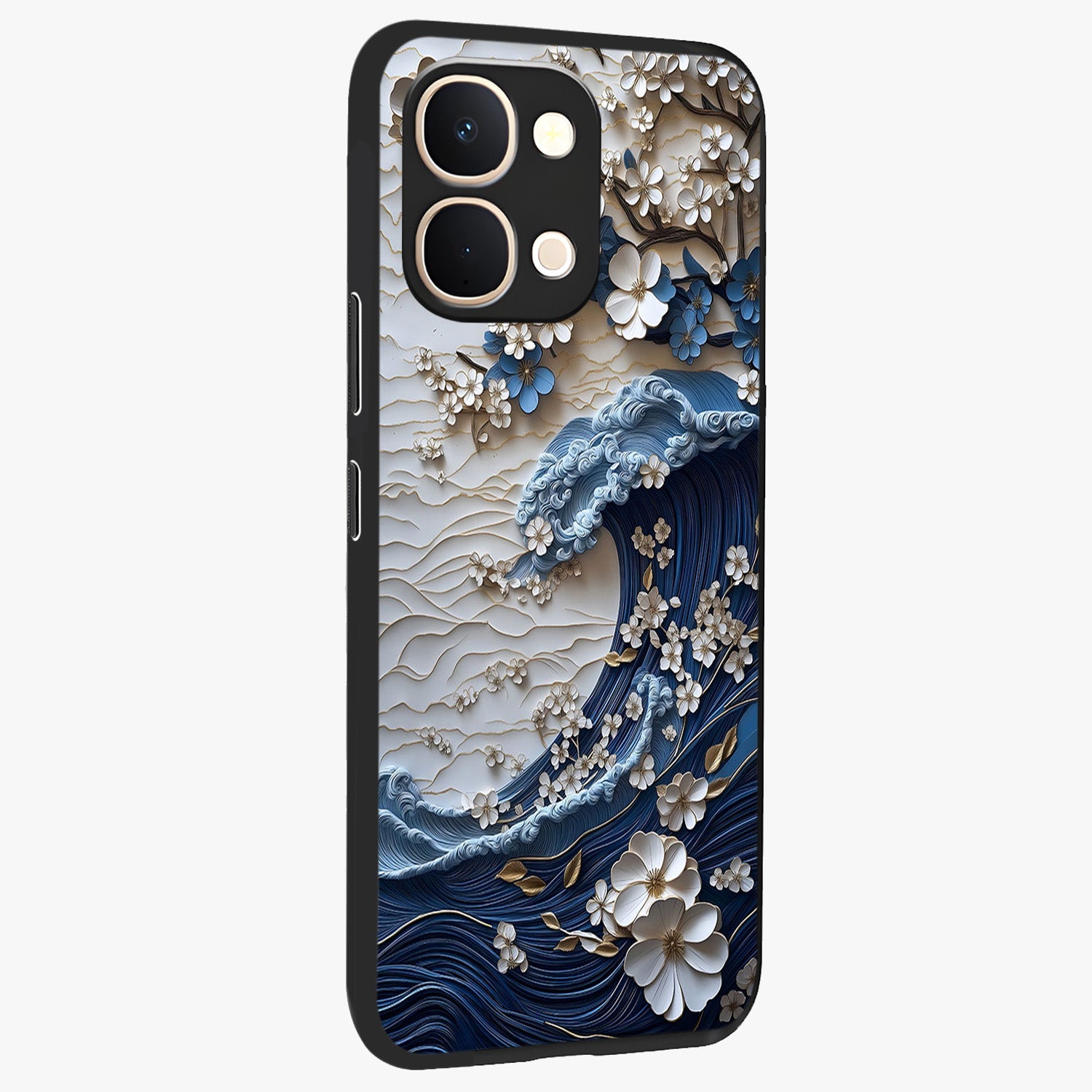 Floral Wave Origami Glass Case upright view showcasing creative floral origami artwork with artistic decorative theme.