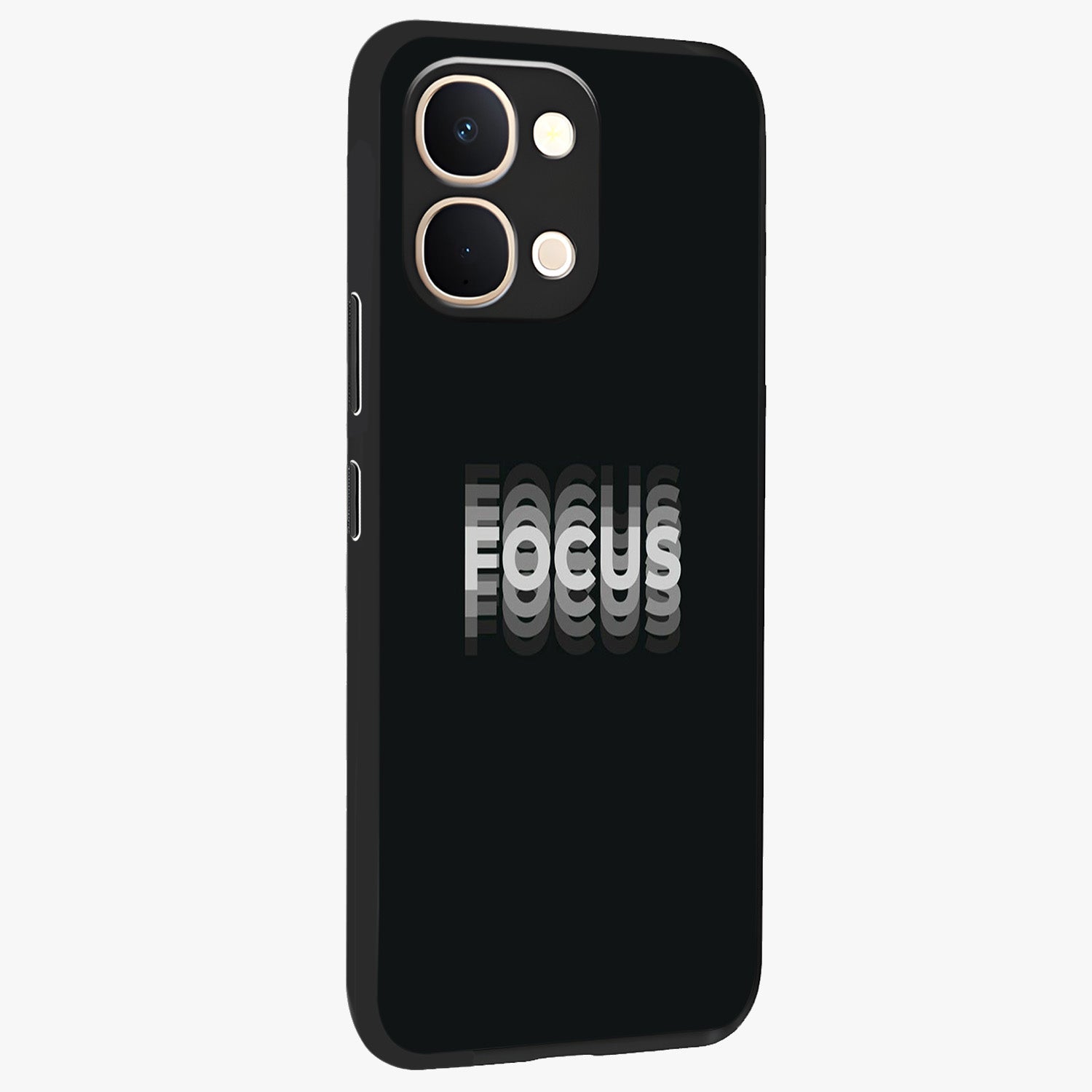 Focus Mode On Glass Case upright view showcasing strong typography statement with sleek motivational theme.