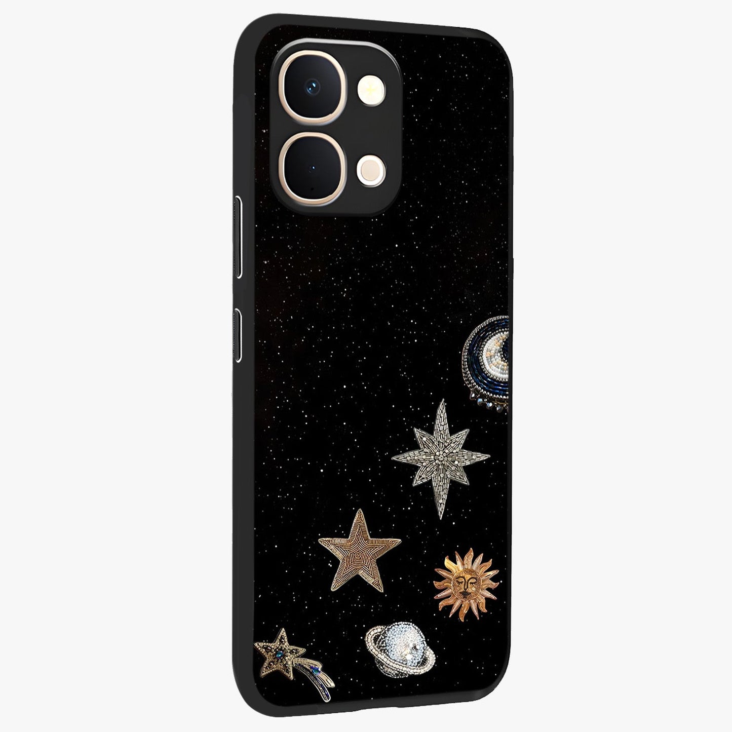 Galactic Charm Glow Glass Case upright view showcasing glowing cosmic charm artwork with magical celestial style.