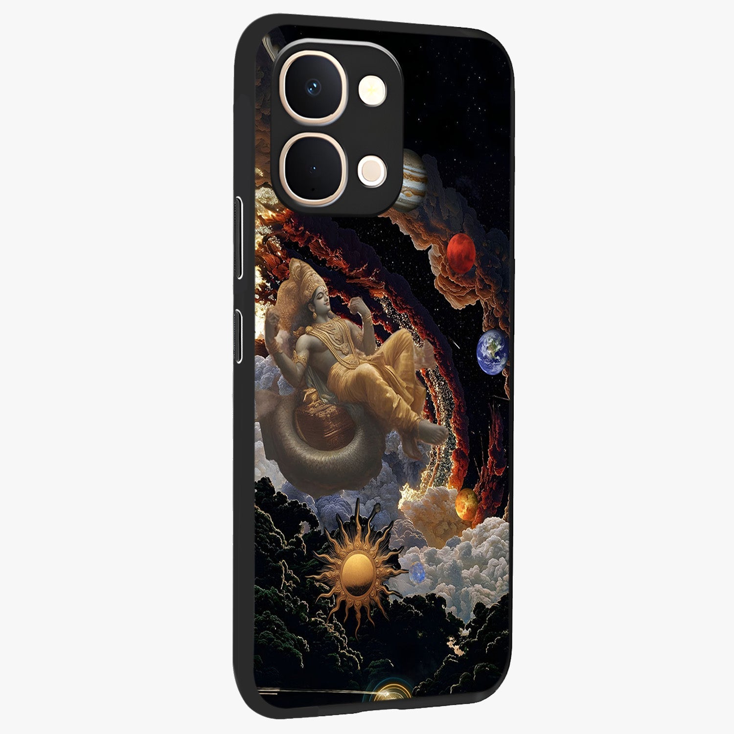 Galactic Divine God Glass Case upright view showcasing mystical divine artwork with dramatic cosmic theme.