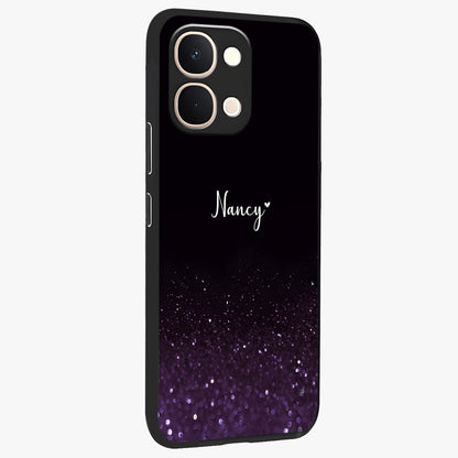Glittery Purple Bokeh Custom Name Glass Case upright view showcasing vibrant purple sparkle artwork with personalized aesthetic style.