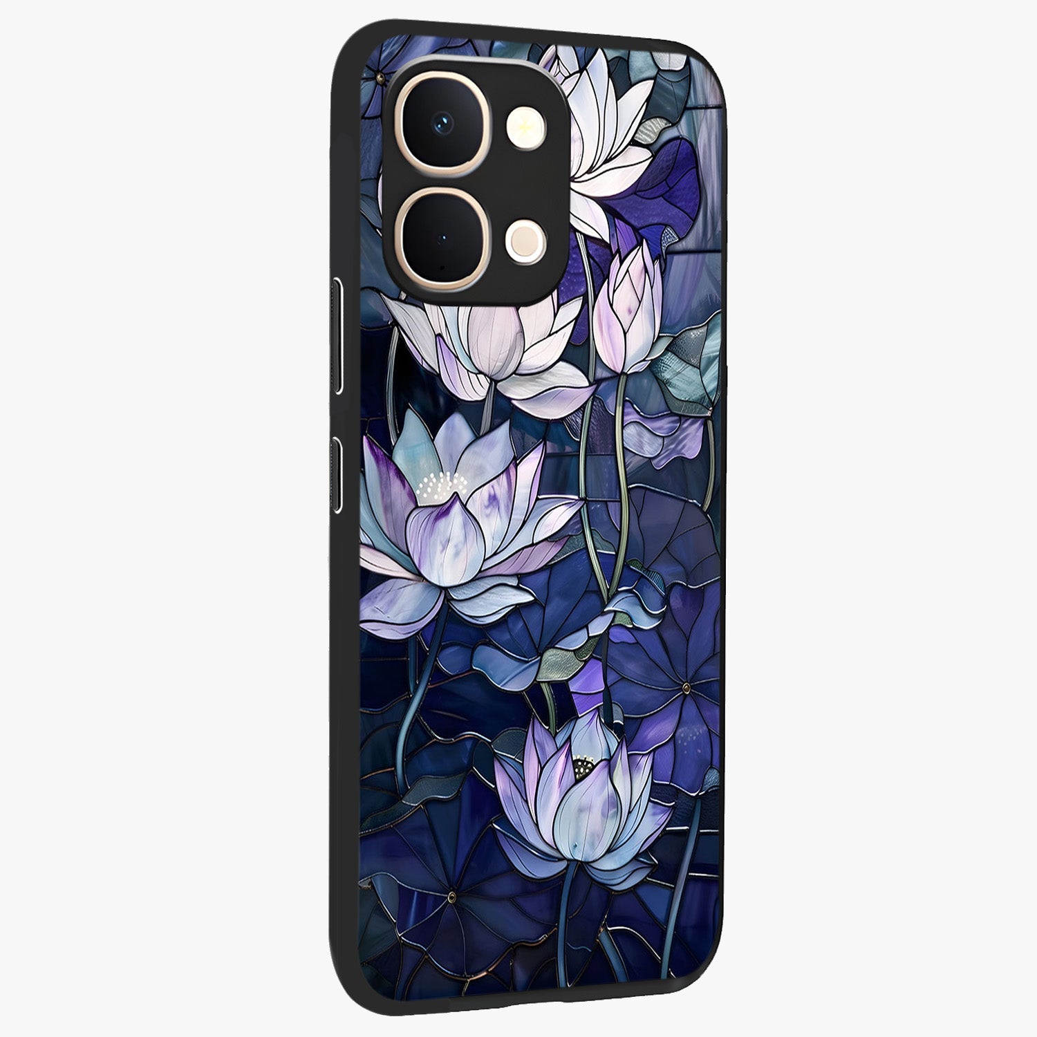 Gloss Petal Rush Glass Case upright view showcasing dynamic floral petal artwork with modern botanical theme.