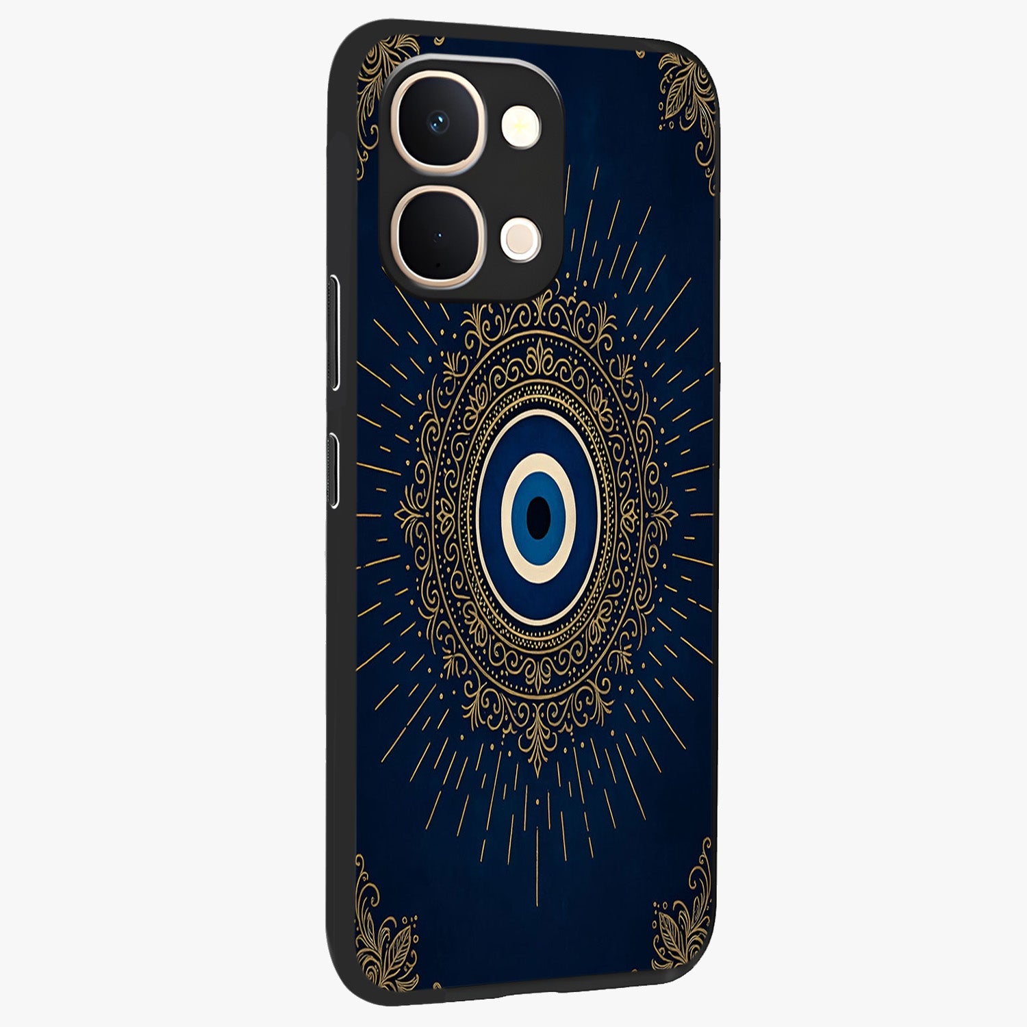 Golden Celestial Charm Glass Case upright view showcasing radiant celestial artwork with elegant golden theme.