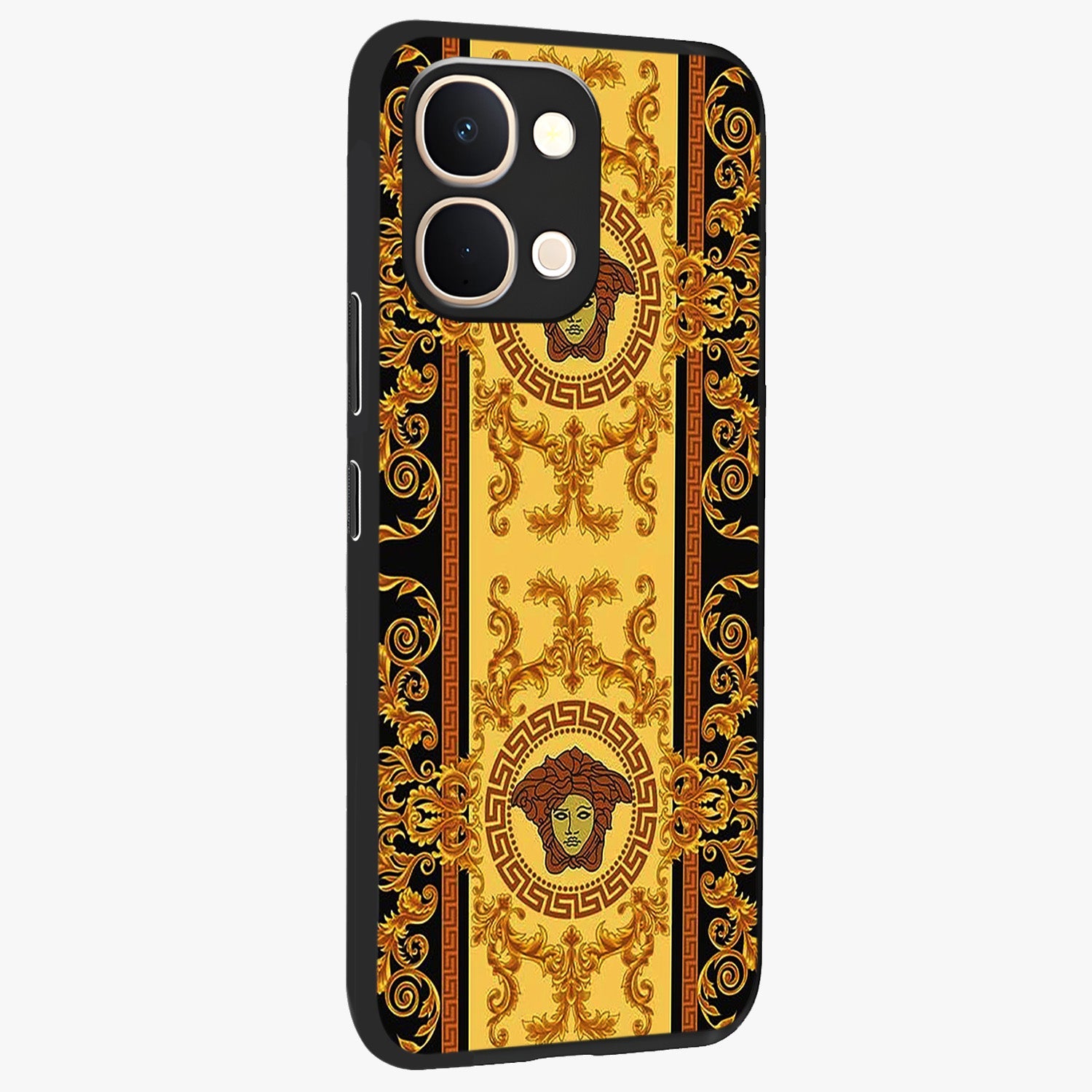 Golden Lotus Glow Glass Case upright view showcasing luminous lotus artwork with peaceful divine theme.